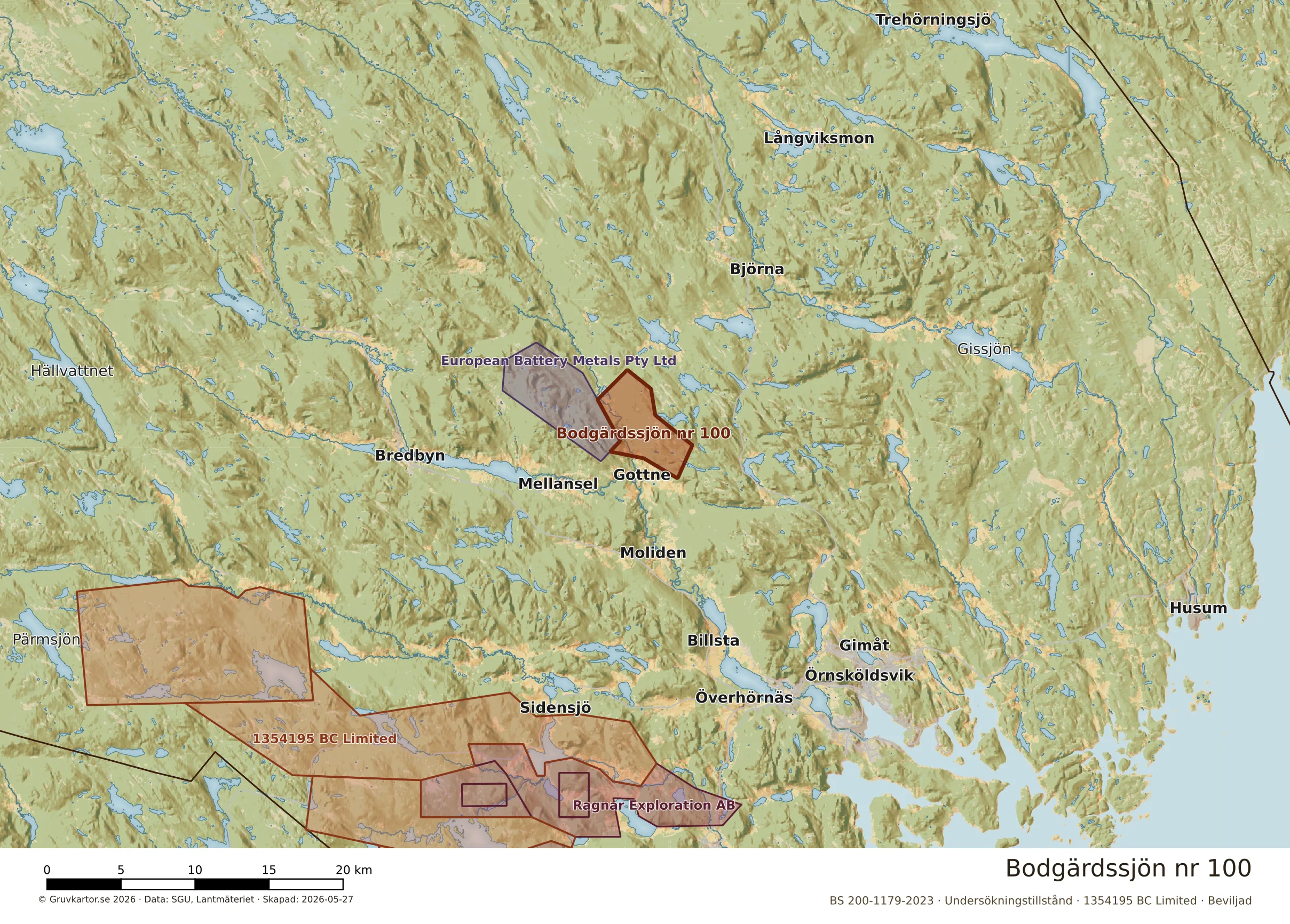 Översiktskarta över Bodgärdssjön nr 100 i sitt landskap