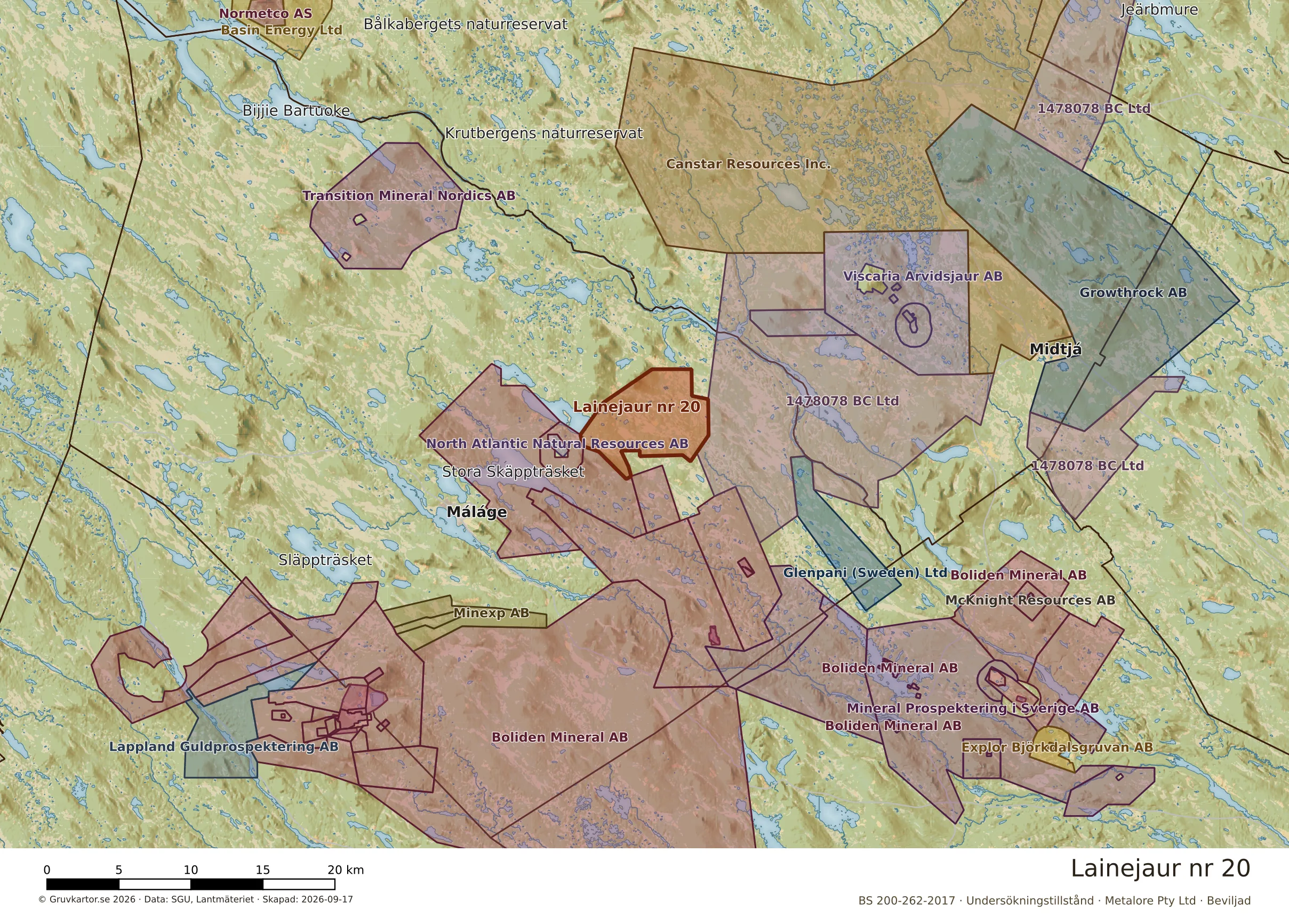 Översiktskarta över Lainejaur nr 20 i sitt landskap