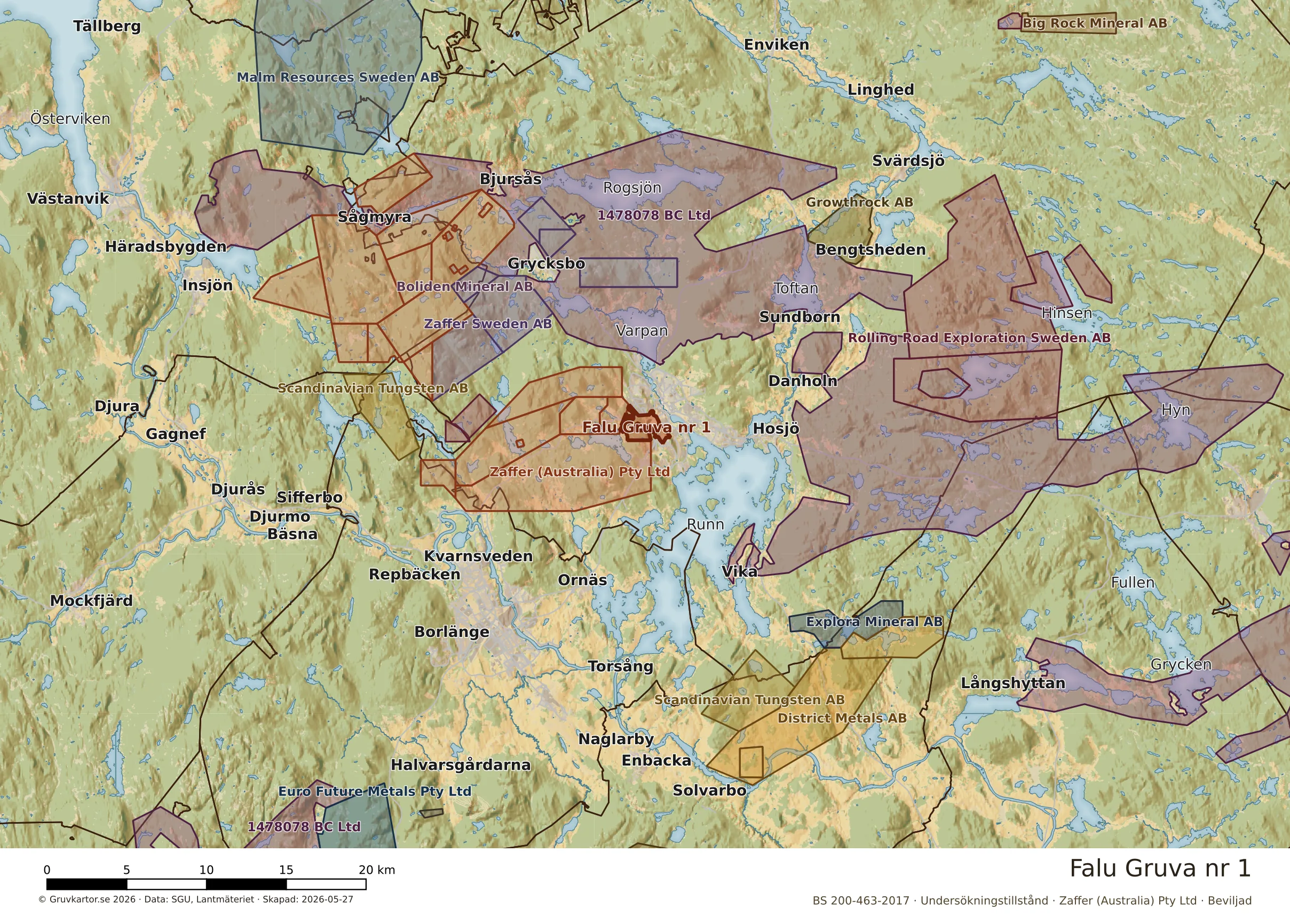 Översiktskarta över Falu Gruva nr 1 i sitt landskap