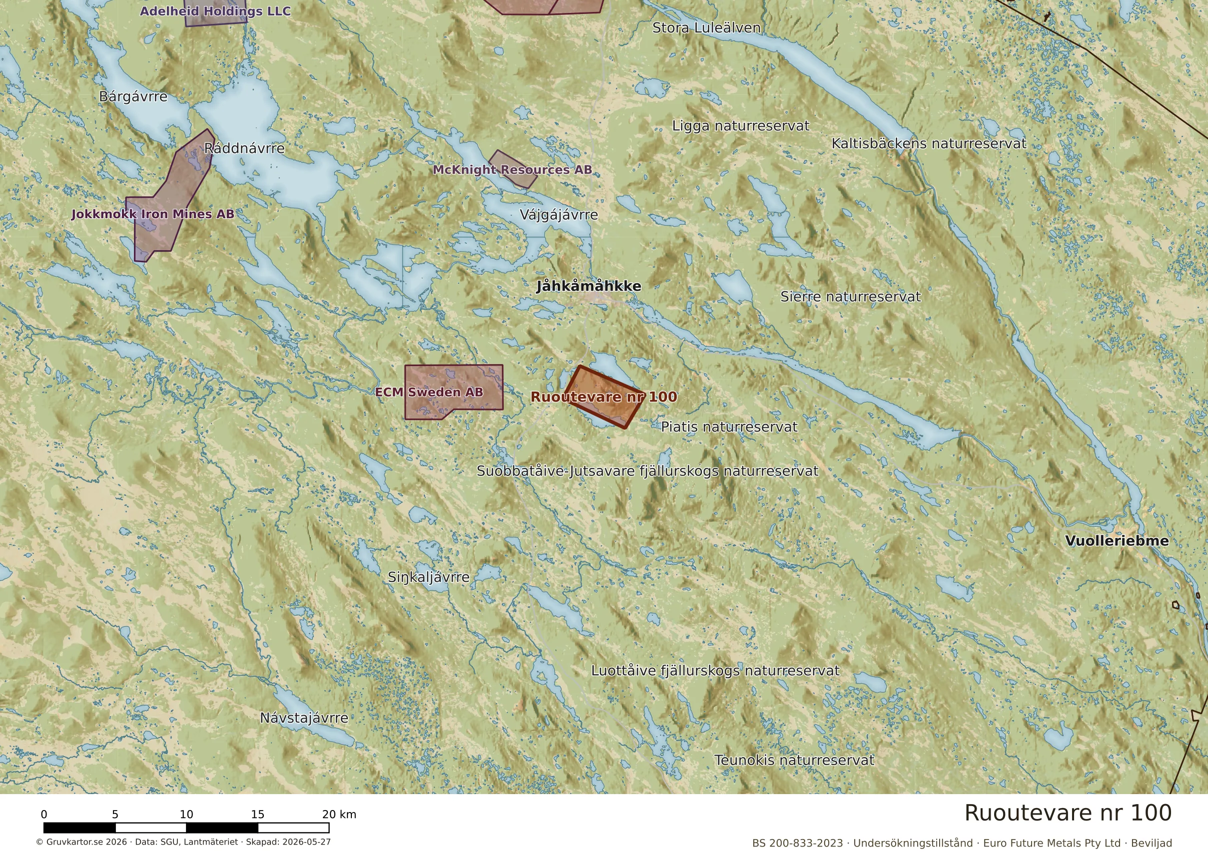 Översiktskarta över Ruoutevare nr 100 i sitt landskap