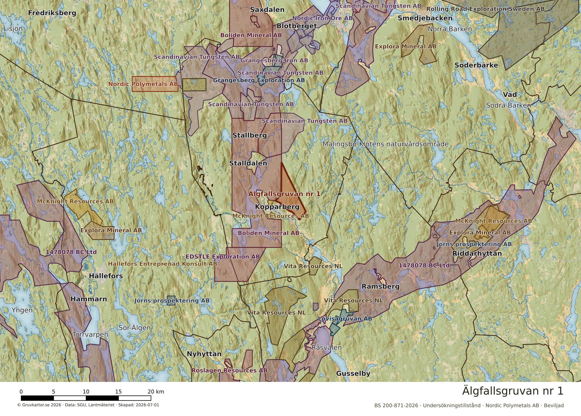 Översiktskarta över Älgfallsgruvan nr 1 i sitt landskap