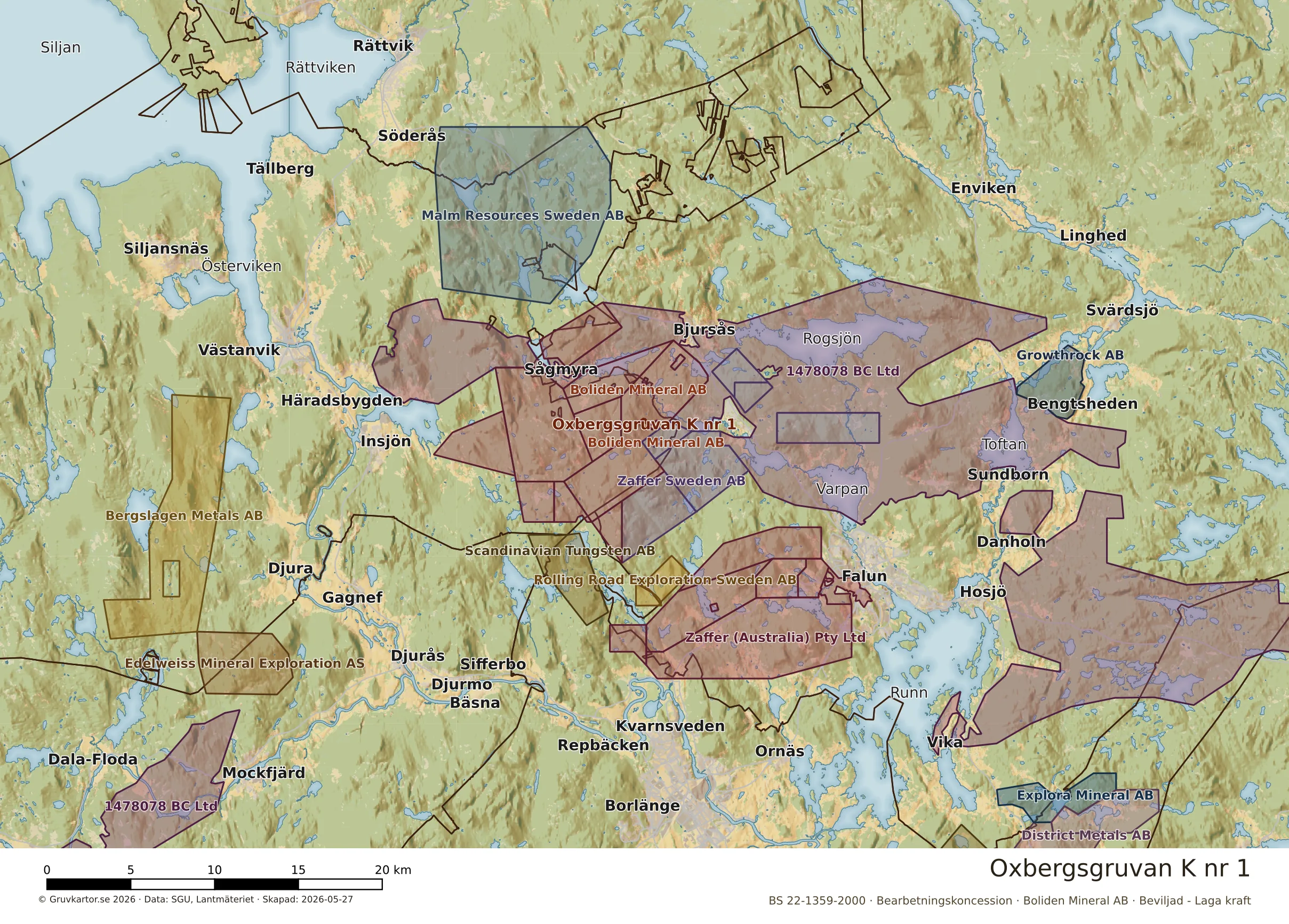 Översiktskarta över Oxbergsgruvan K nr 1 i sitt landskap