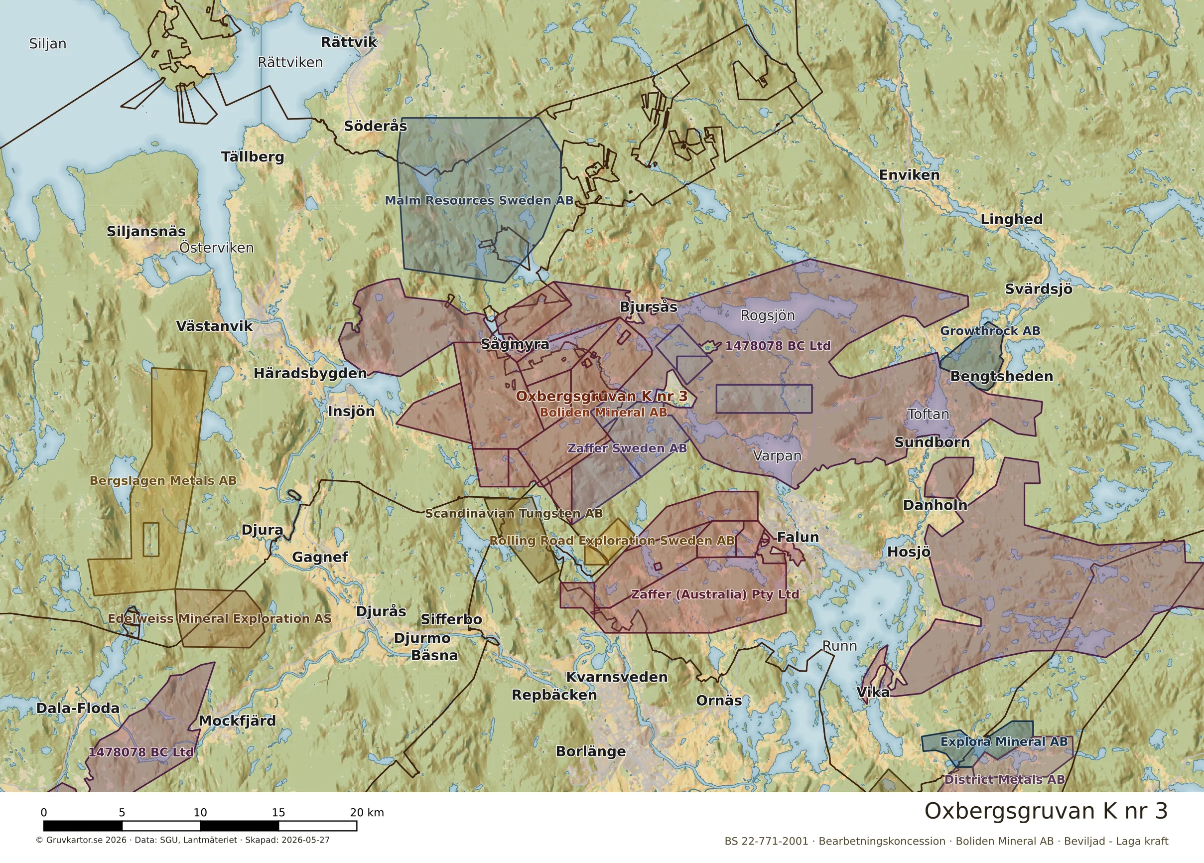 Översiktskarta över Oxbergsgruvan K nr 3 i sitt landskap