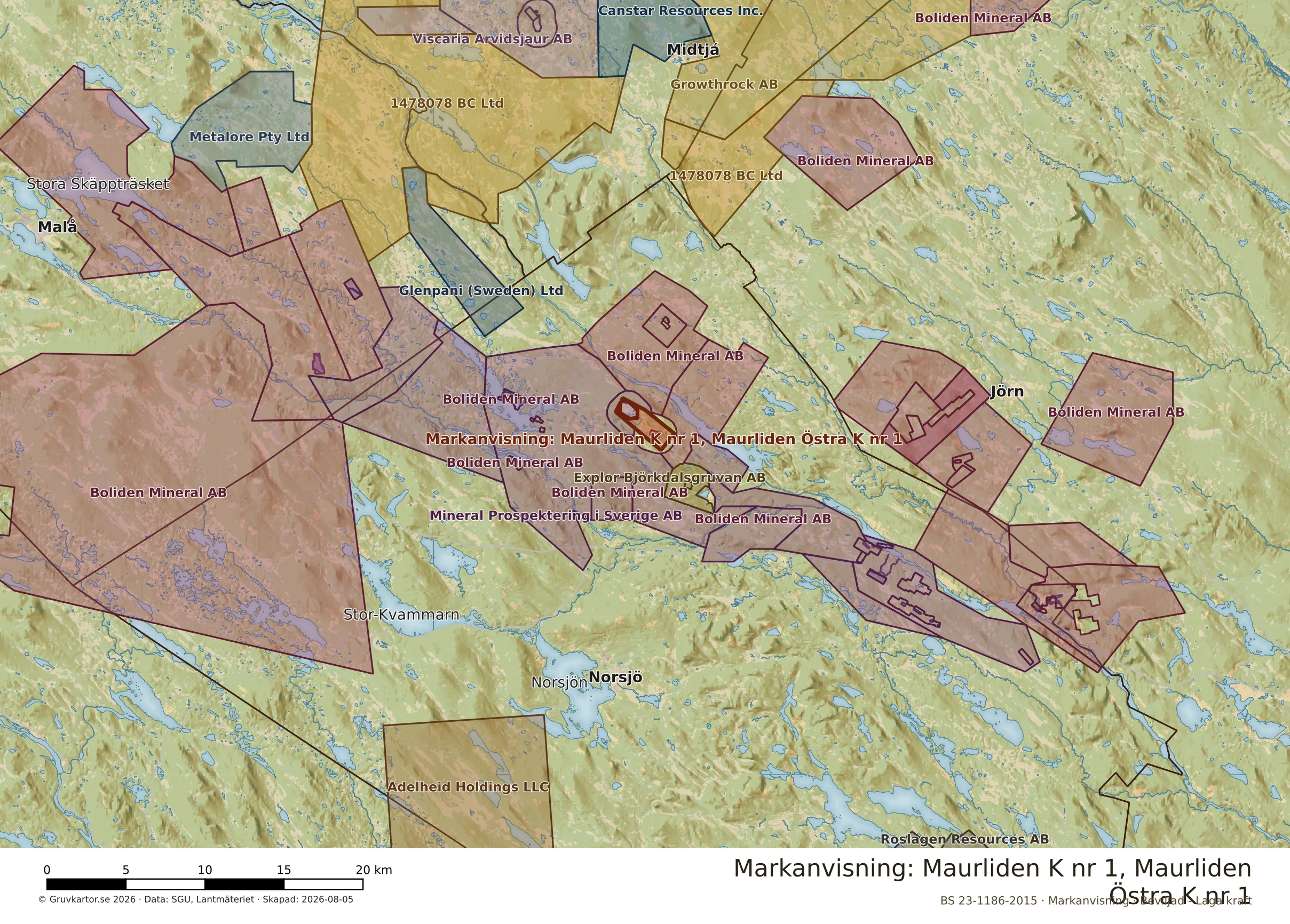 Översiktskarta över Maurliden K nr 1, Maurliden Östra K nr 1 i sitt landskap