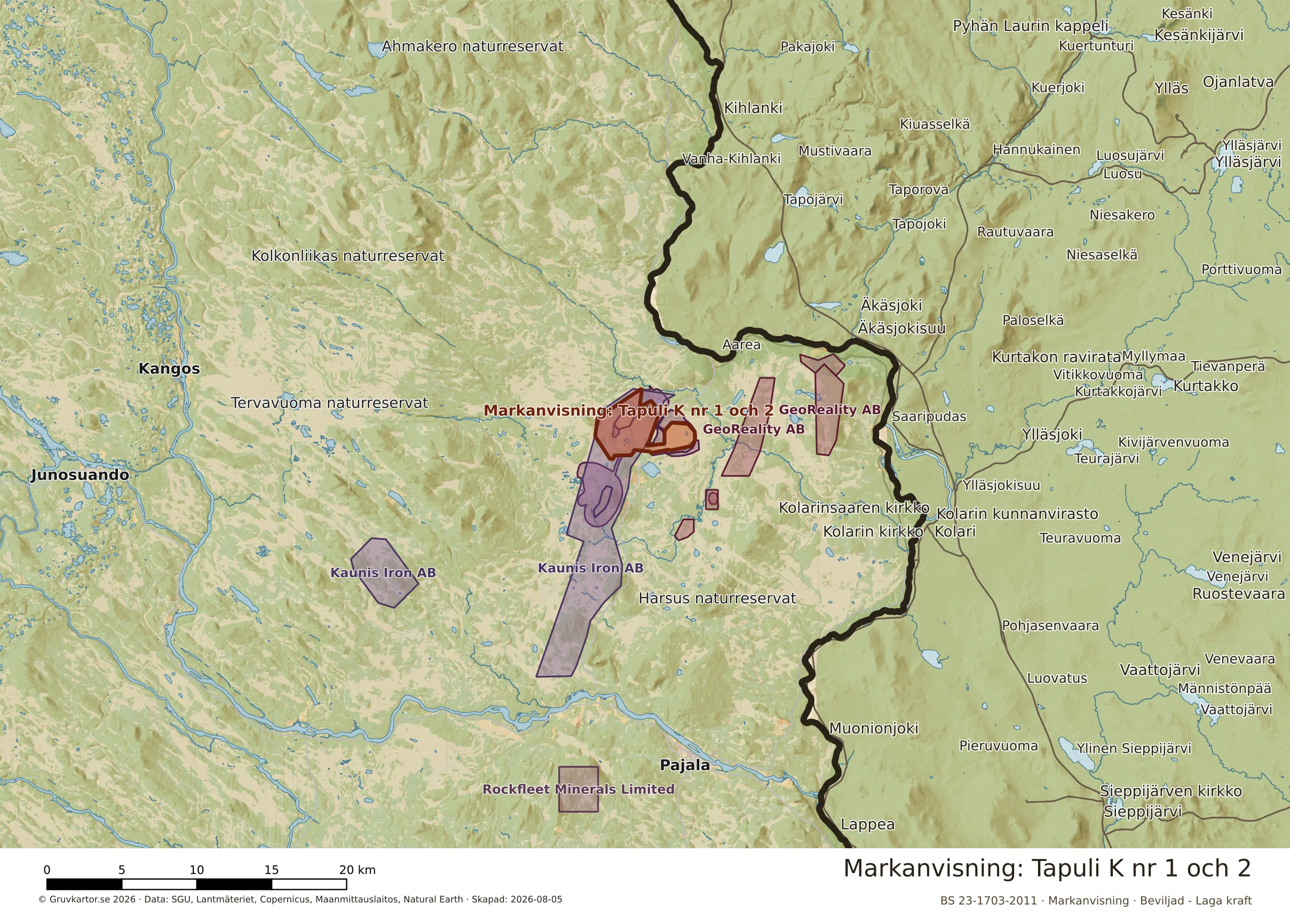 Översiktskarta över Tapuli K nr 1 och 2 i sitt landskap