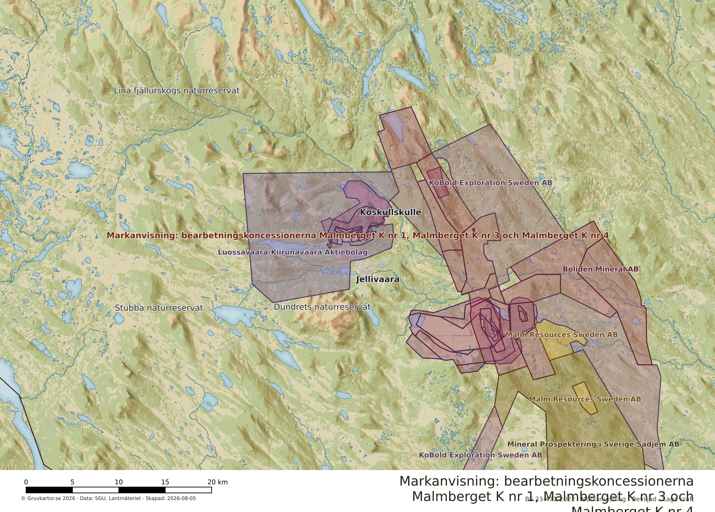Översiktskarta över Malmberget K nr 1, Malmberget K nr 3 och Malmberget K nr 4 i sitt landskap