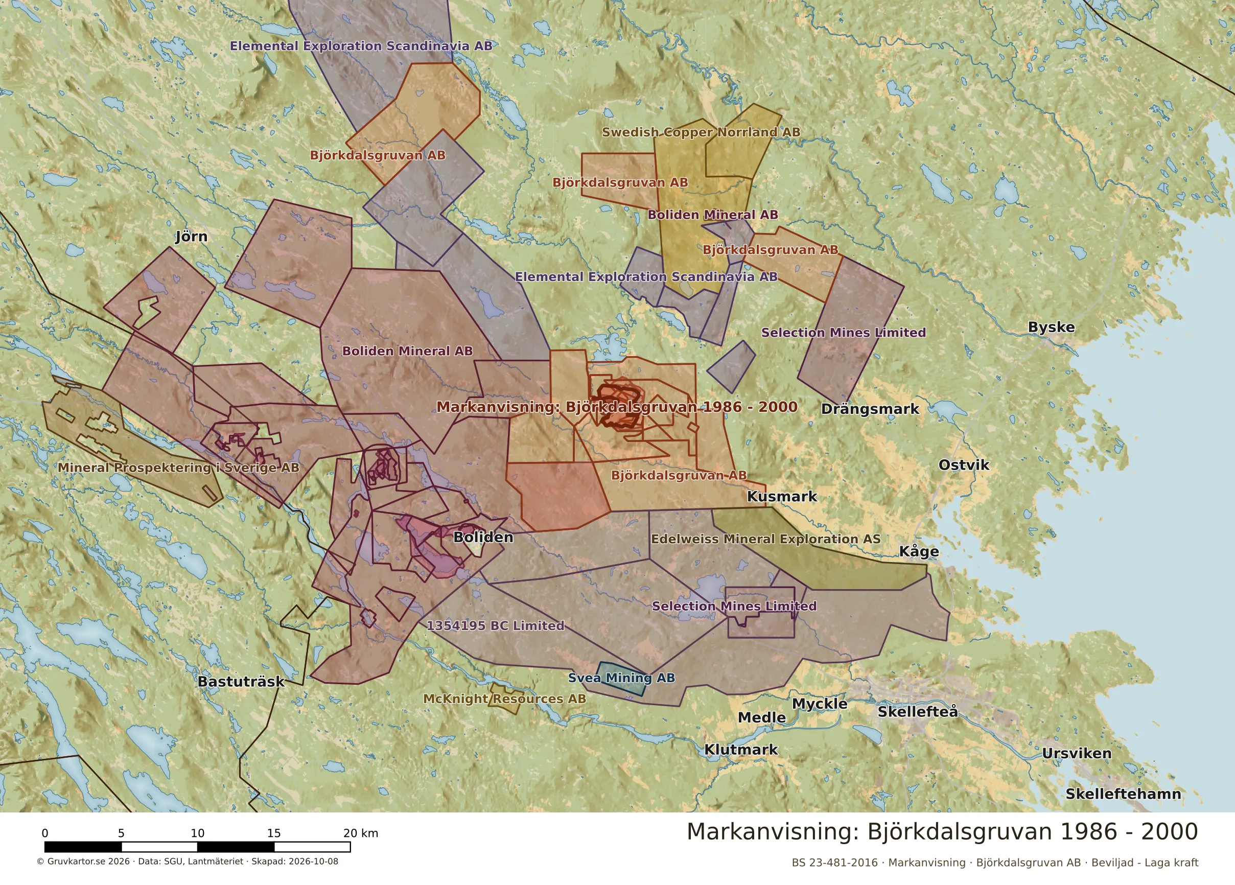 Översiktskarta över Björkdalsgruvan 1986 - 2000 i sitt landskap