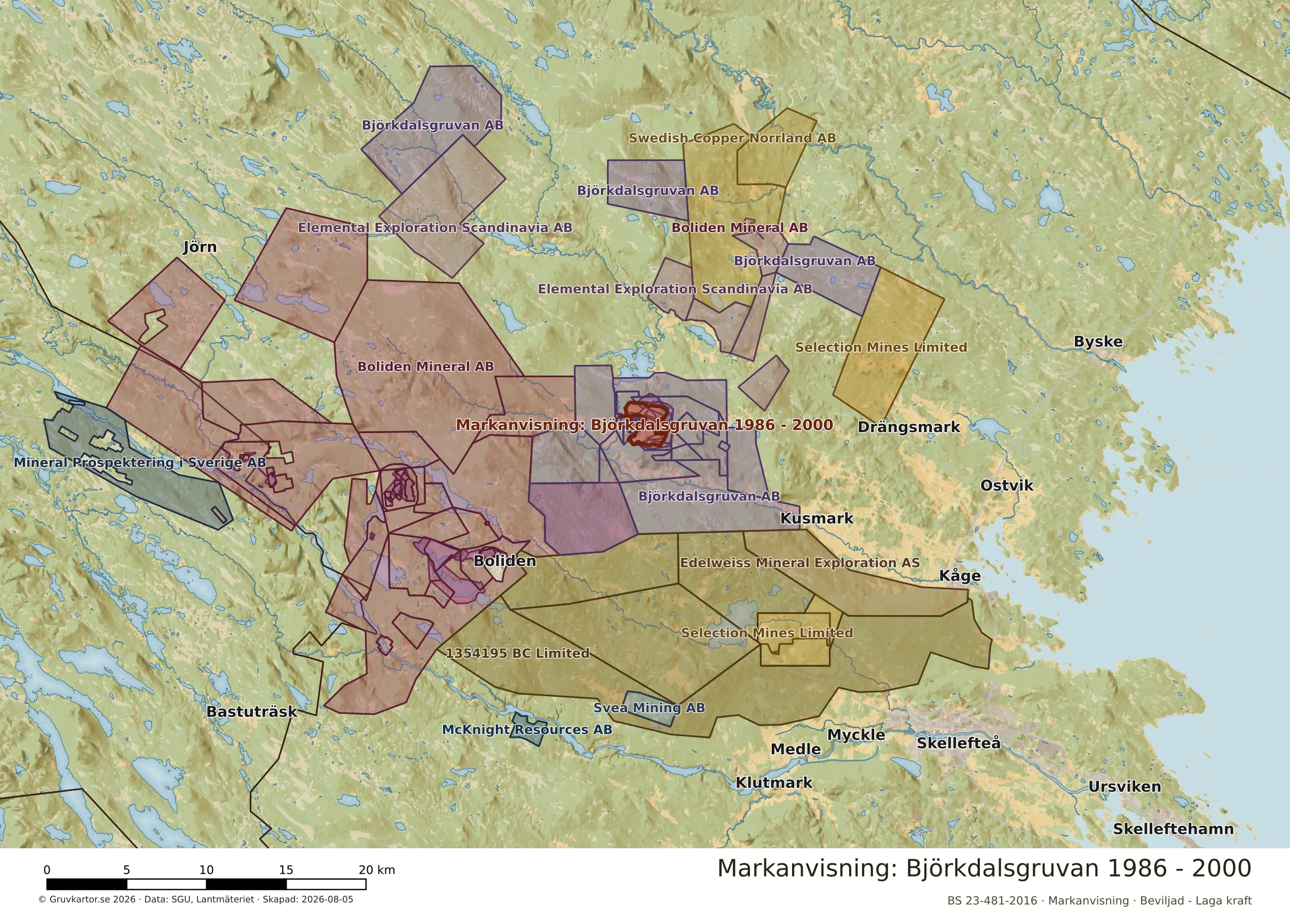 Översiktskarta över Björkdalsgruvan 1986 - 2000 i sitt landskap