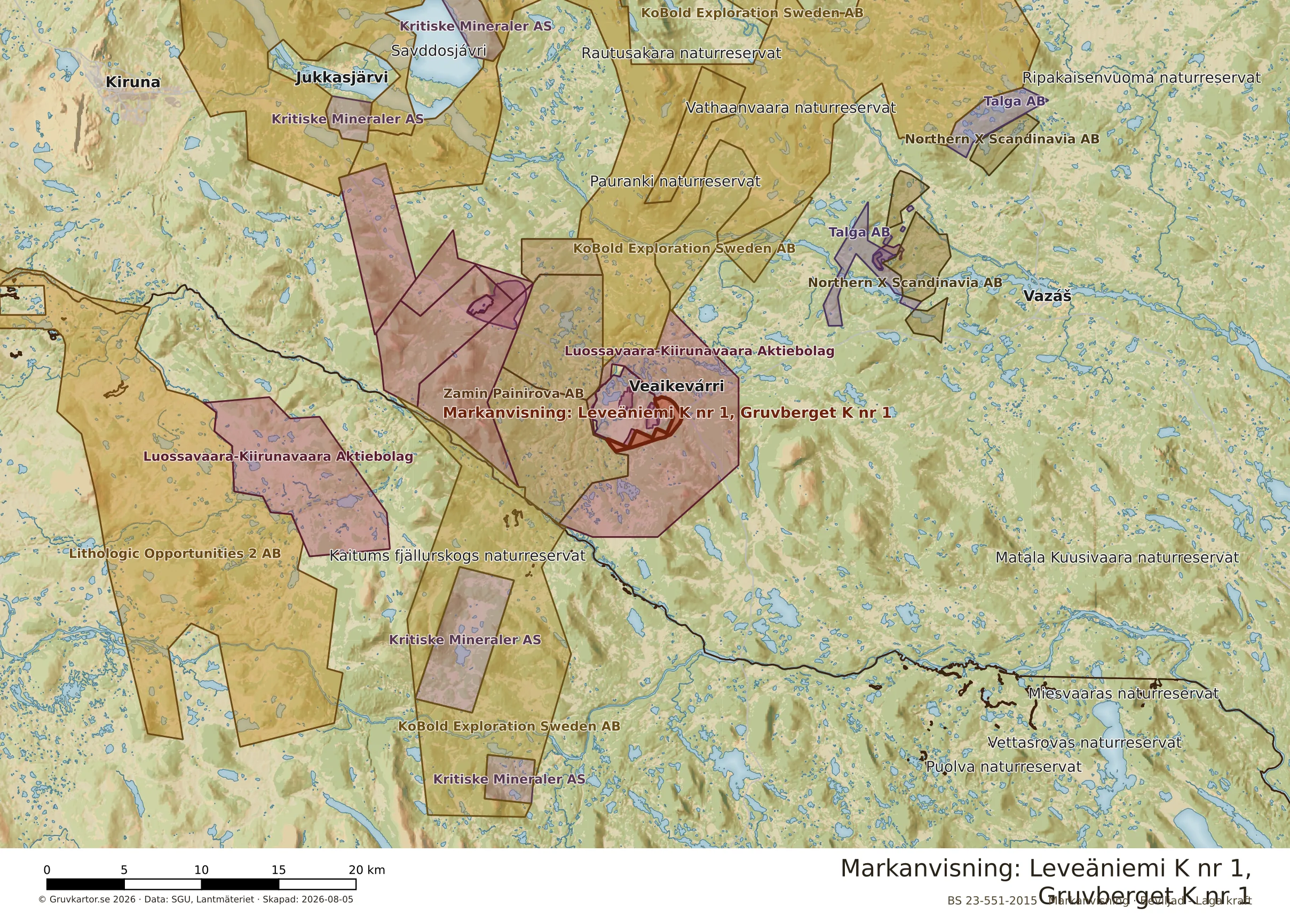 Översiktskarta över Leveäniemi K nr 1, Gruvberget K nr 1 i sitt landskap