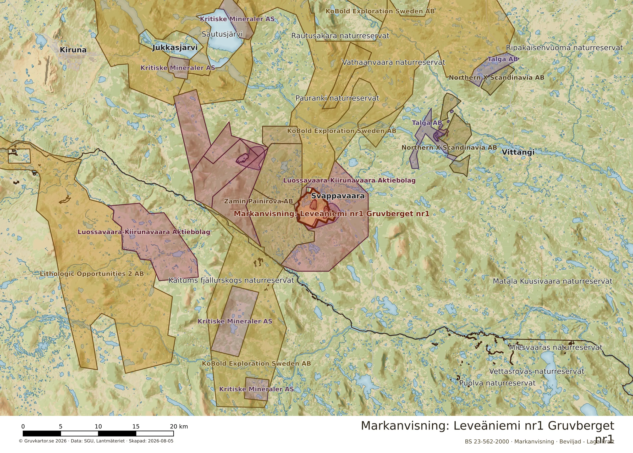 Översiktskarta över Leveäniemi nr1 Gruvberget nr1 i sitt landskap