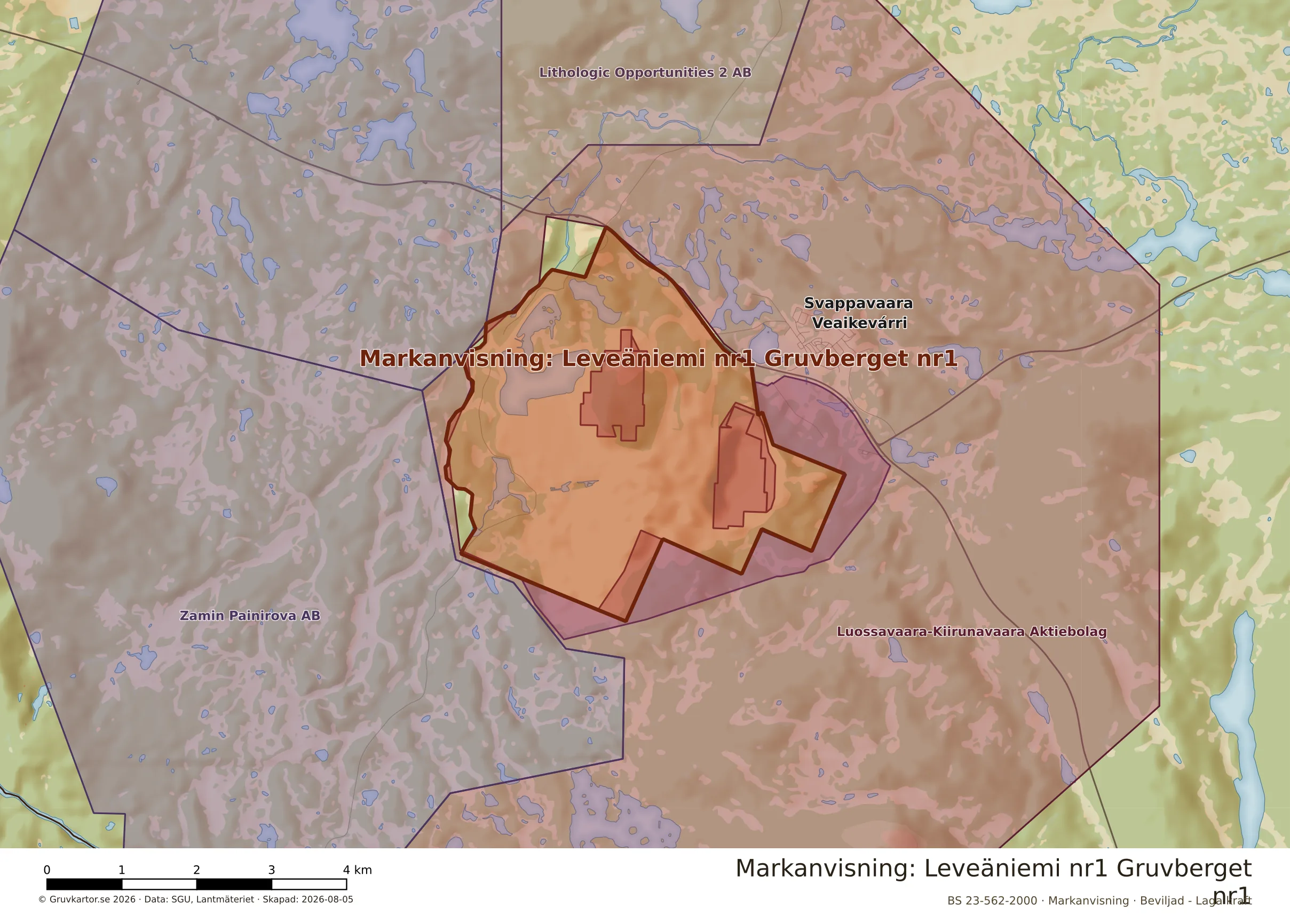 Närkarta över Leveäniemi nr1 Gruvberget nr1