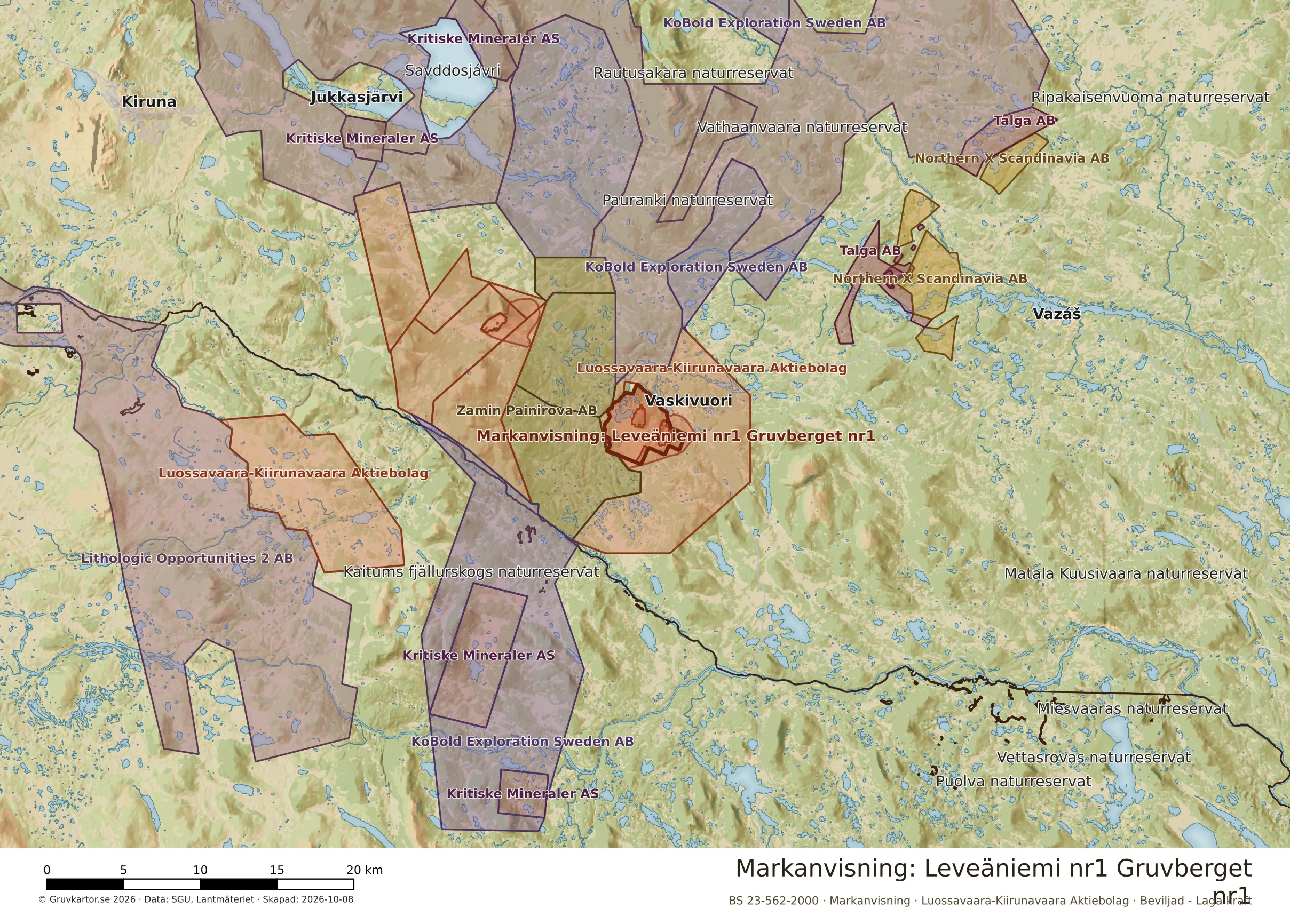 Översiktskarta över Leveäniemi nr1 Gruvberget nr1 i sitt landskap