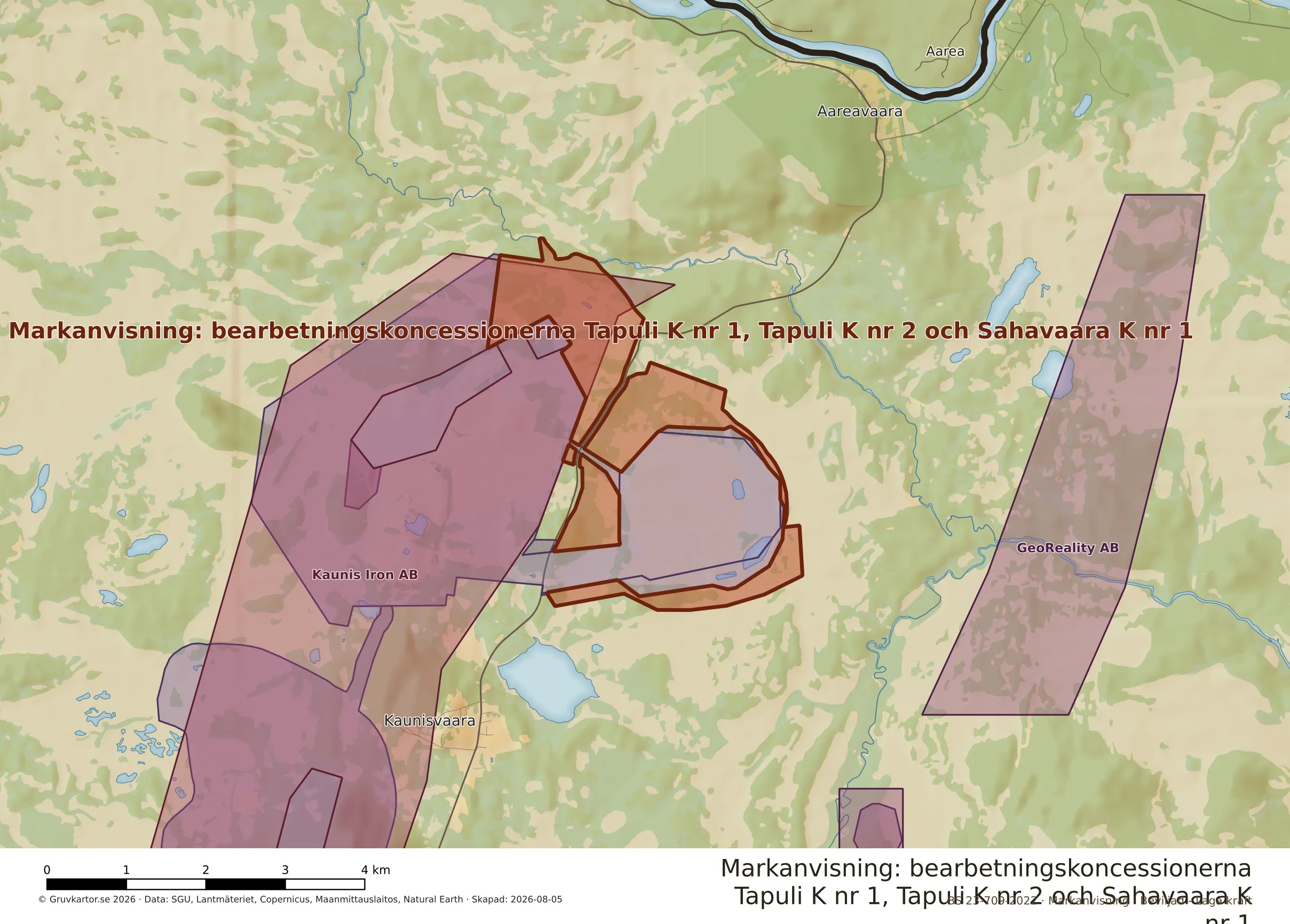 Närkarta över Tapuli K nr 1, Tapuli K nr 2 och Sahavaara K nr 1