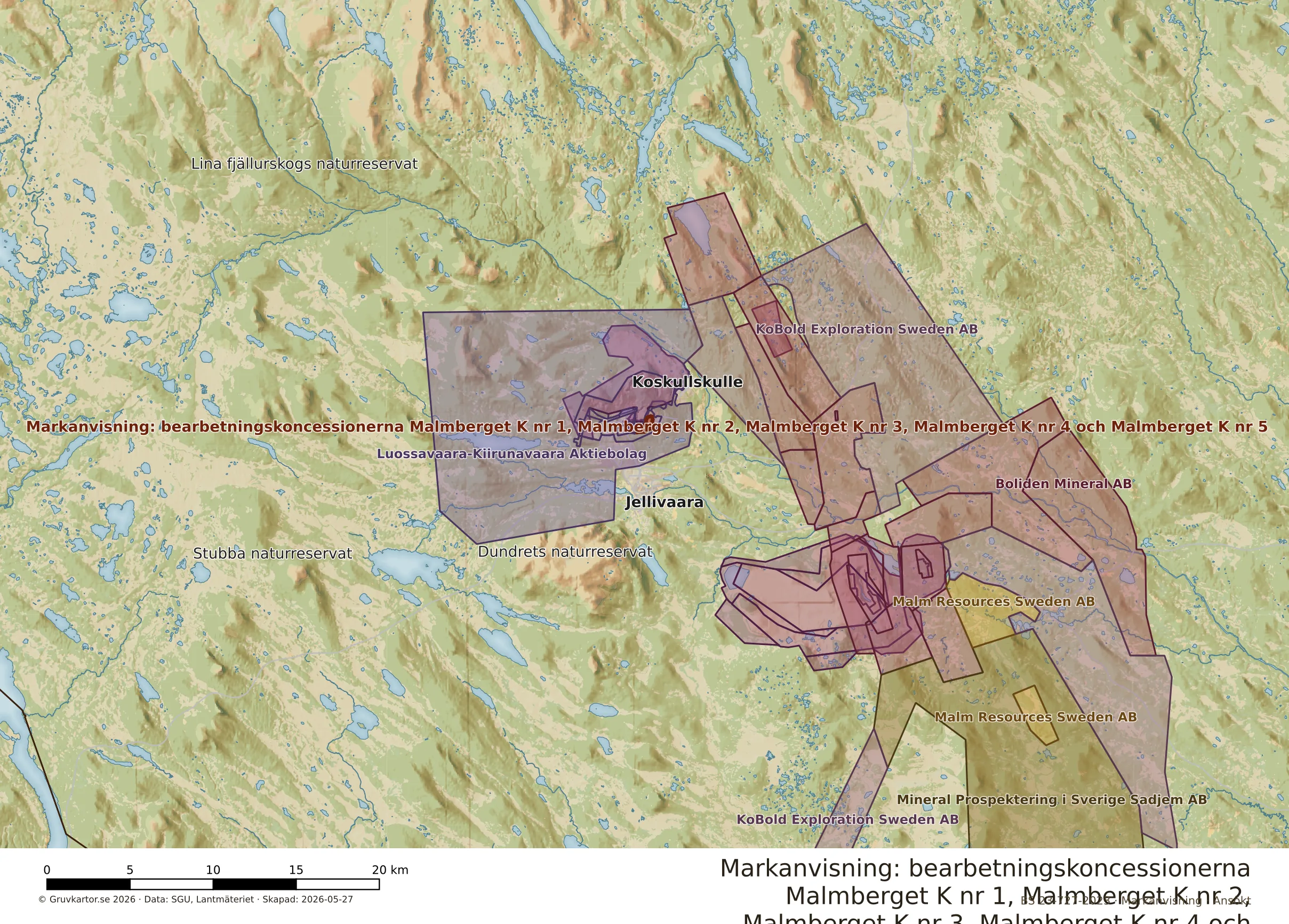 Översiktskarta över Malmberget K nr 1, Malmberget K nr 2, Malmberget K nr 3, Malmberget K nr 4 och Malmberget K nr 5 i sitt landskap