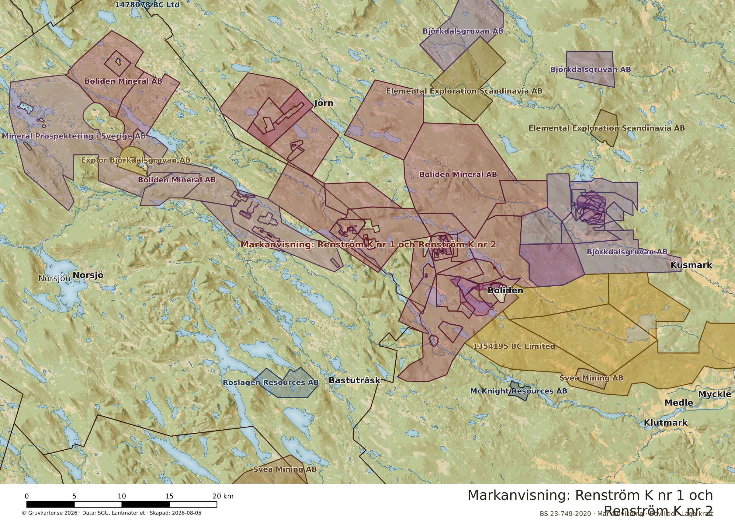 Översiktskarta över Renström K nr 1 och Renström K nr 2 i sitt landskap