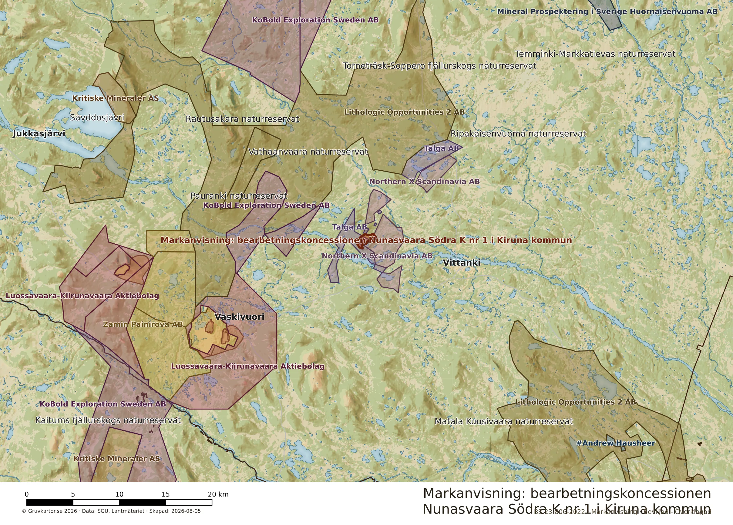 Översiktskarta över Nunasvaara Södra K nr 1 i Kiruna kommun i sitt landskap