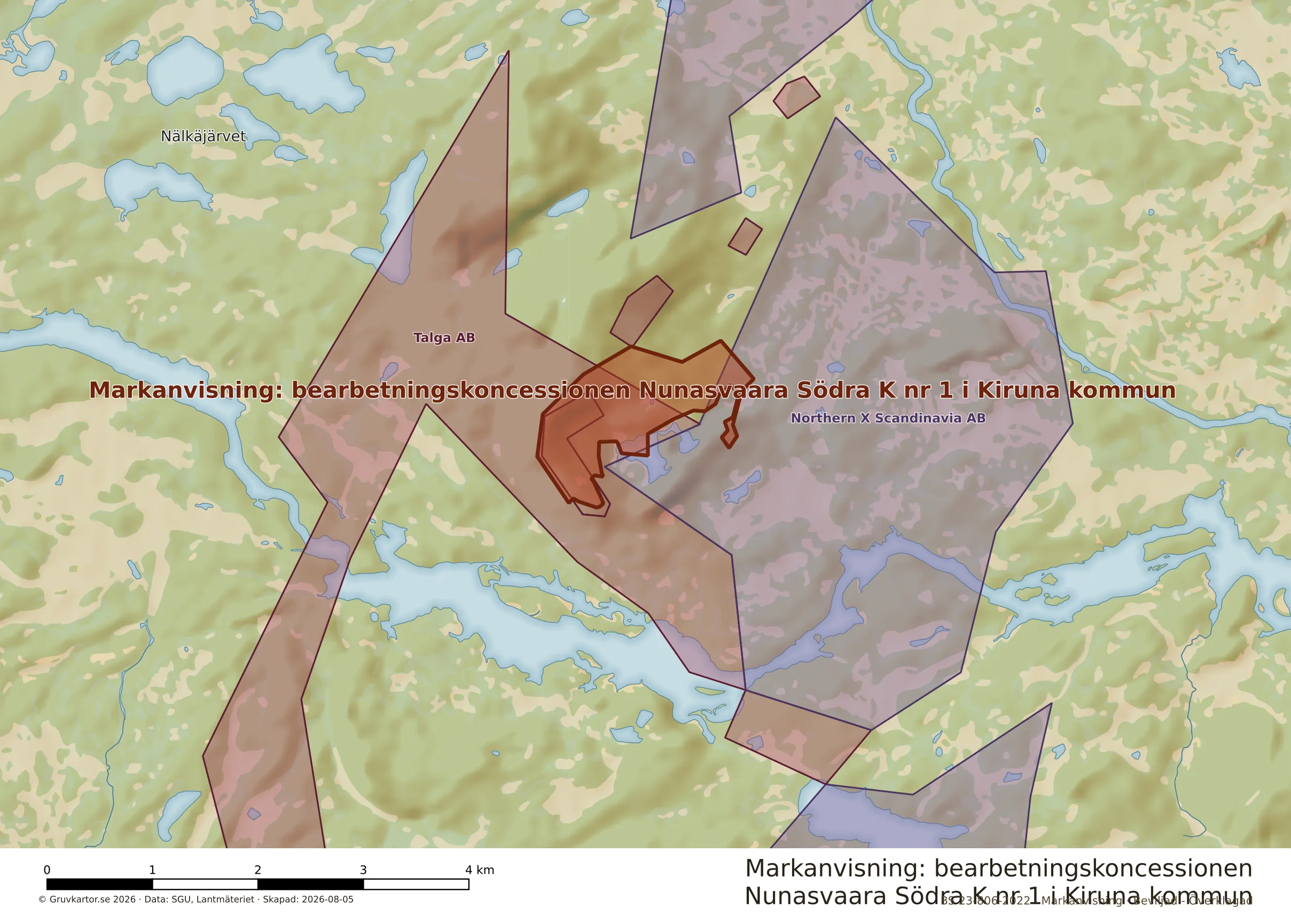 Närkarta över Nunasvaara Södra K nr 1 i Kiruna kommun