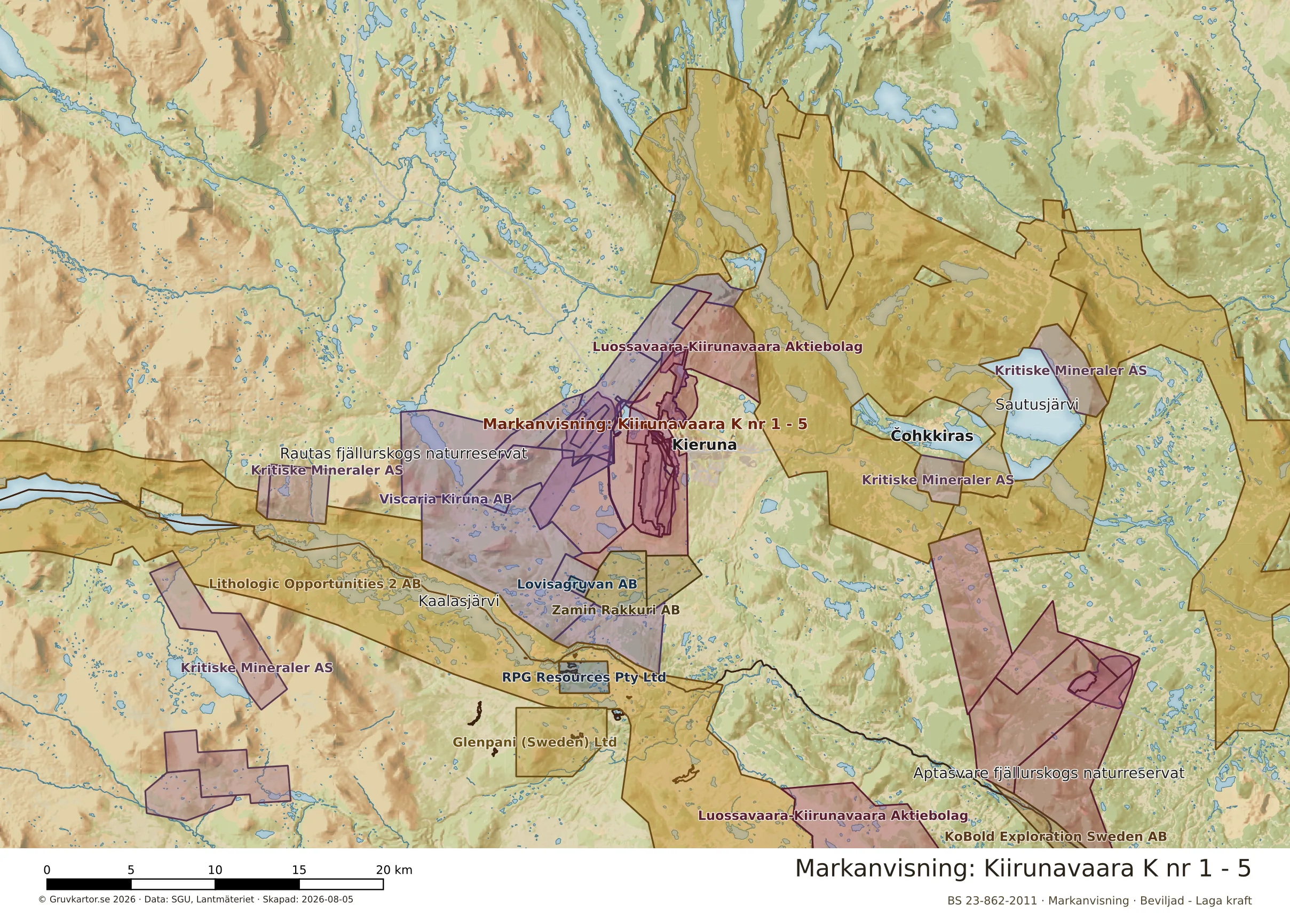 Översiktskarta över Kiirunavaara K nr 1 - 5 i sitt landskap