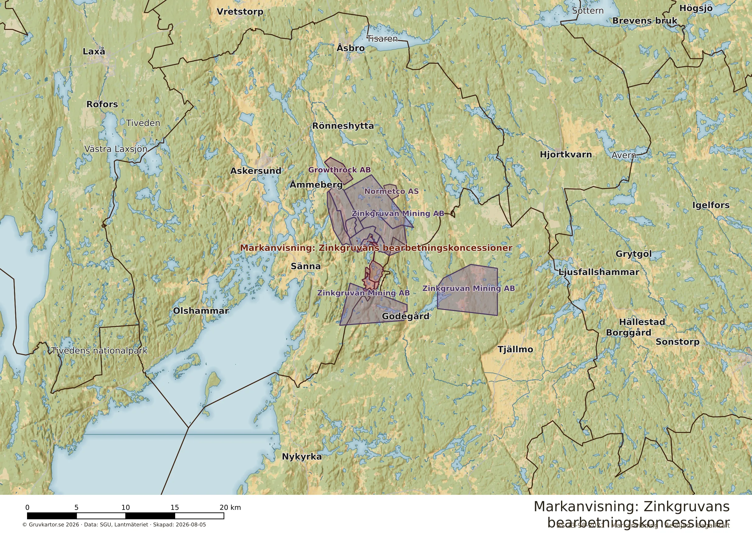 Översiktskarta över Zinkgruvans bearbetningskoncessioner i sitt landskap
