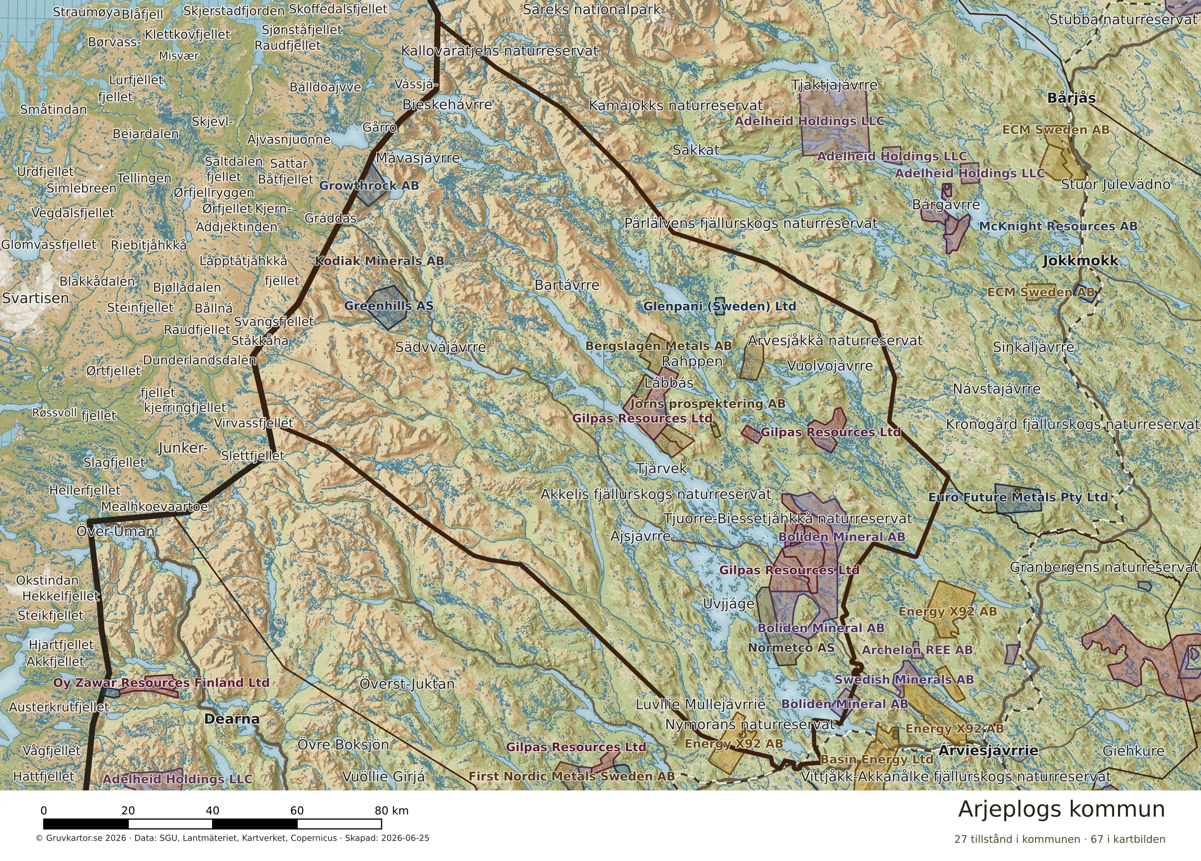Karta över mineraltillstånd i Arjeplogs kommun