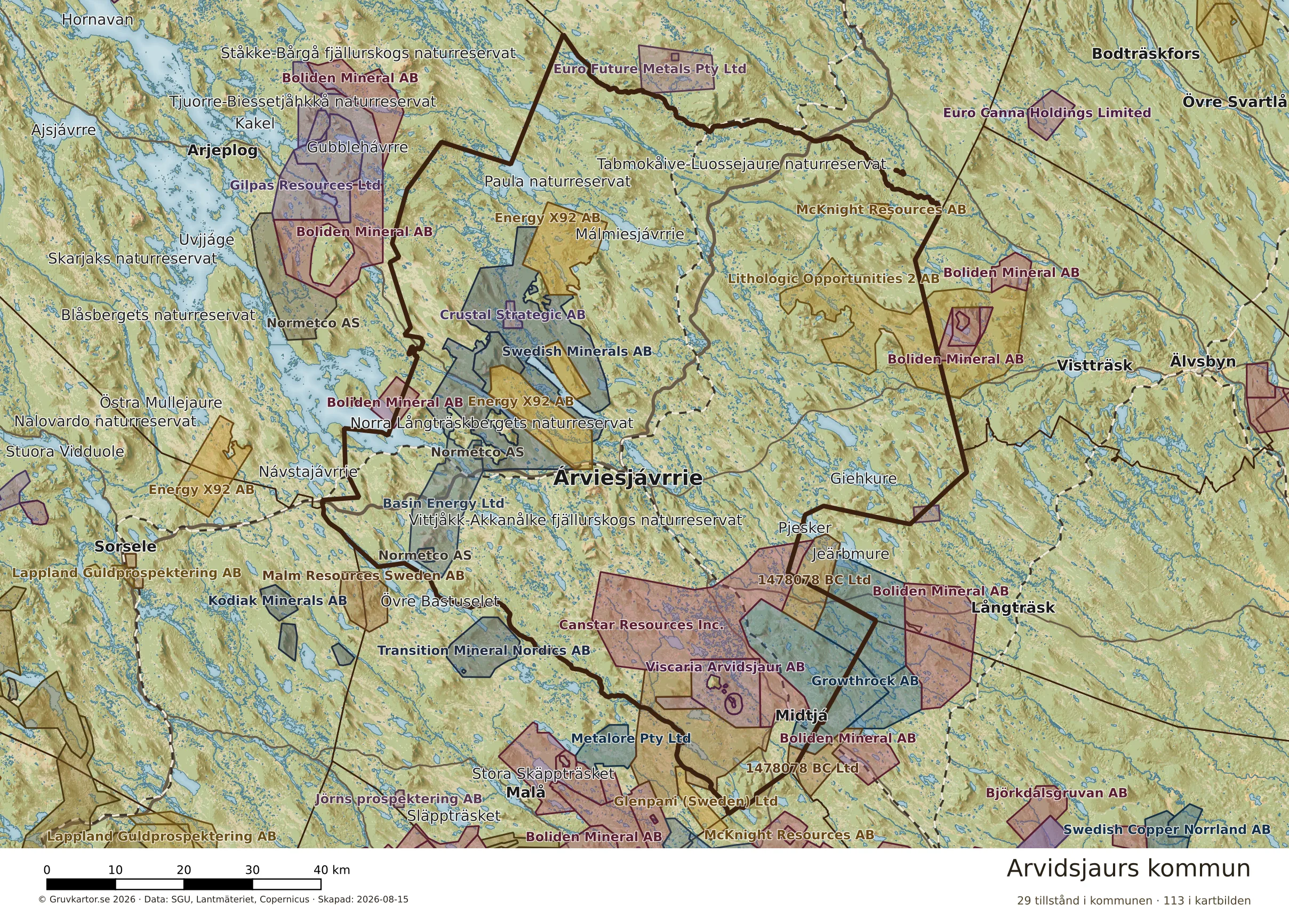 Karta över mineraltillstånd i Arvidsjaurs kommun