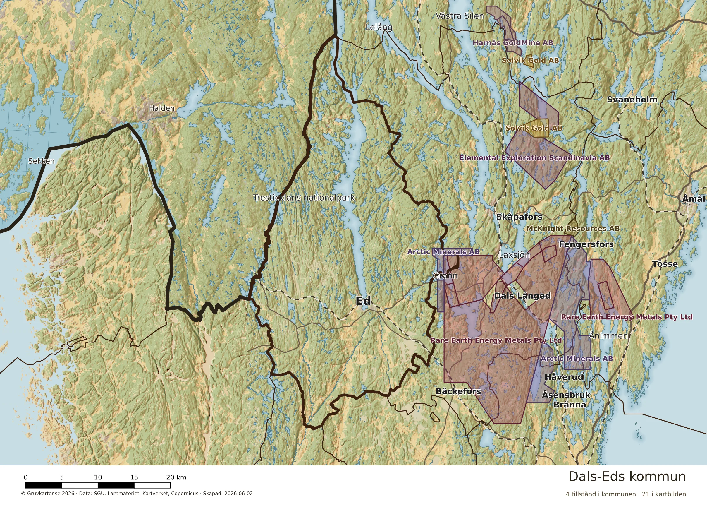 Karta över mineraltillstånd i Dals-Eds kommun