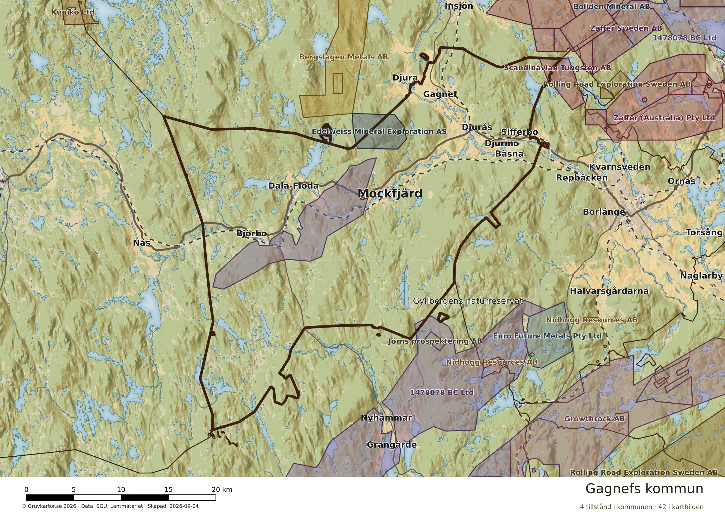 Karta över mineraltillstånd i Gagnefs kommun