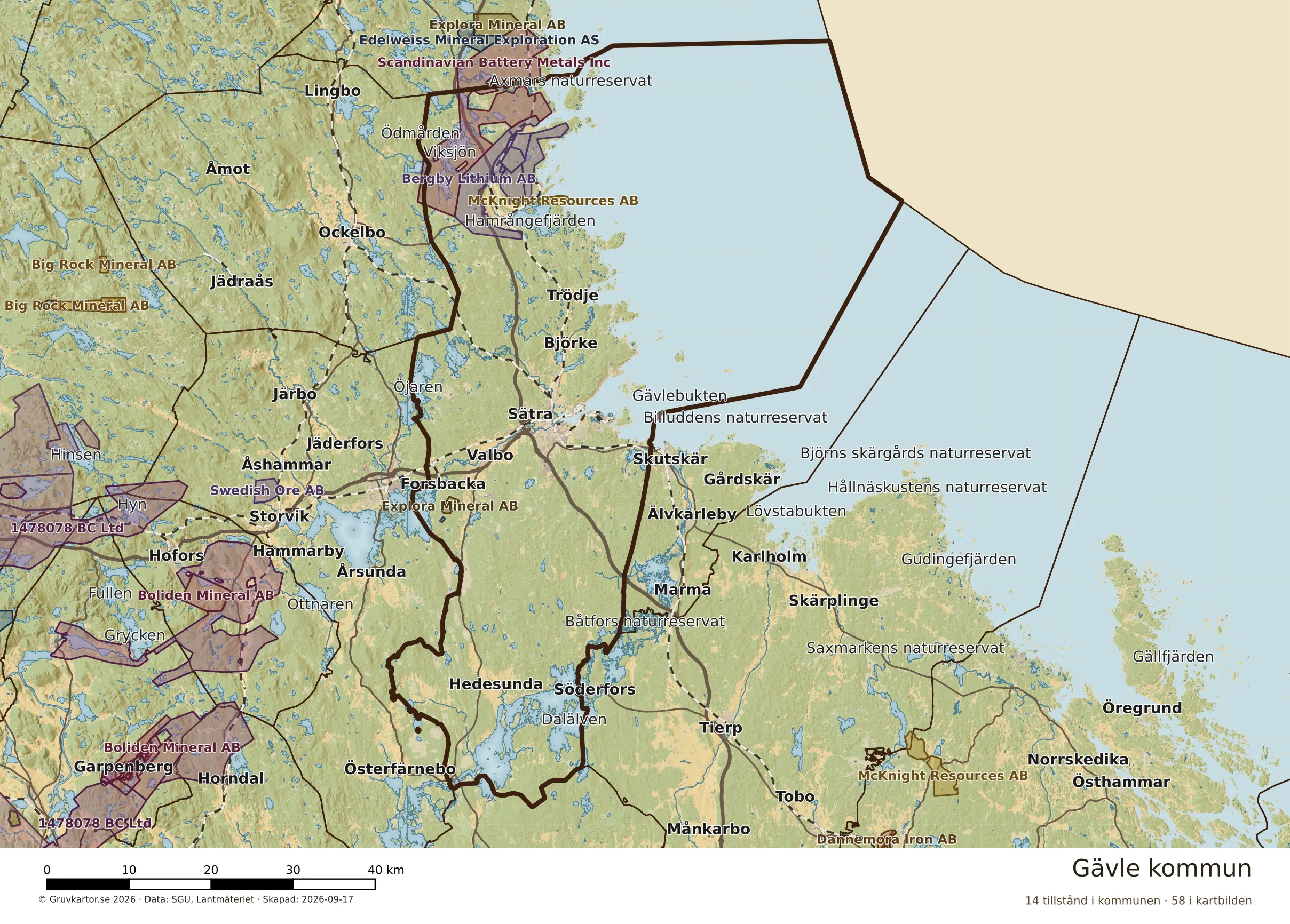 Karta över mineraltillstånd i Gävle kommun