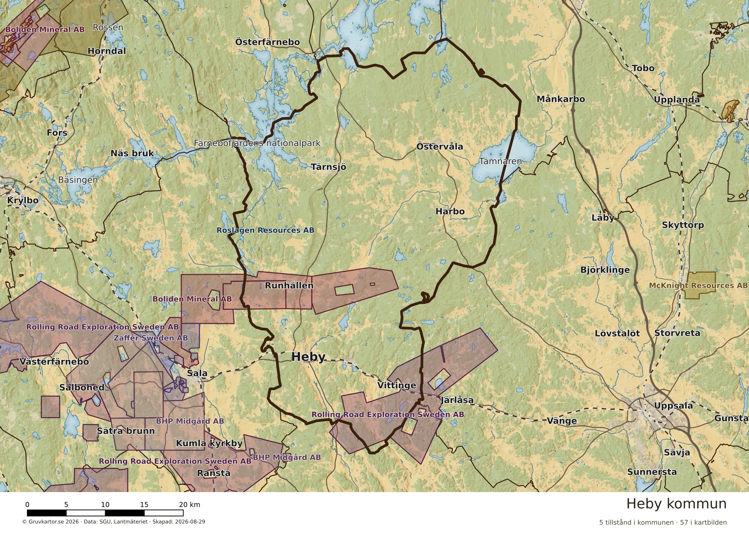 Karta över mineraltillstånd i Heby kommun