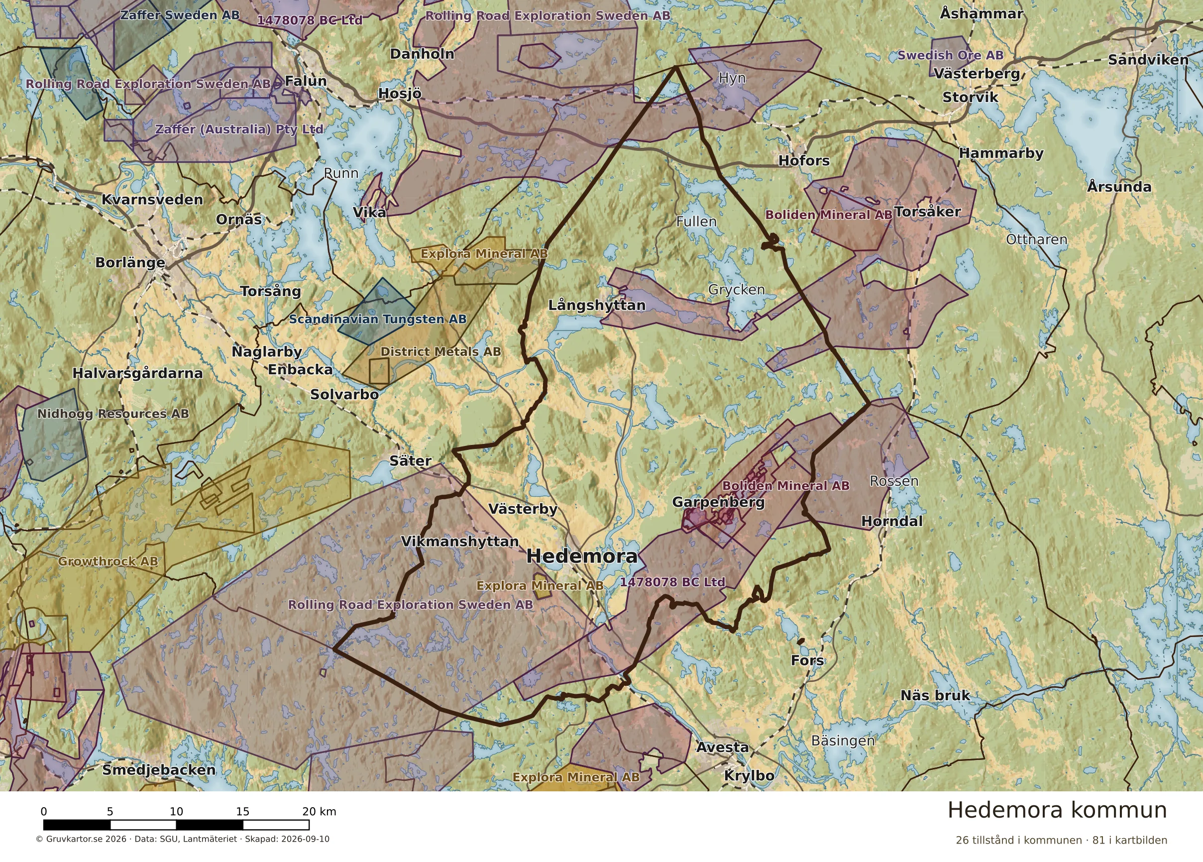 Karta över mineraltillstånd i Hedemora kommun