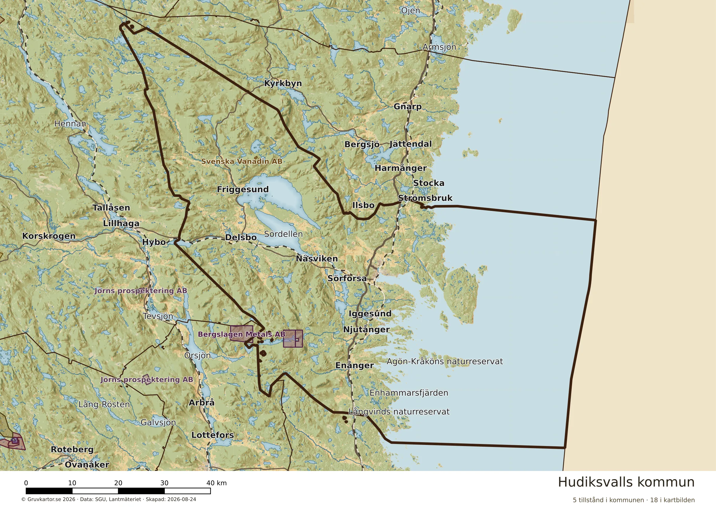 Karta över mineraltillstånd i Hudiksvalls kommun