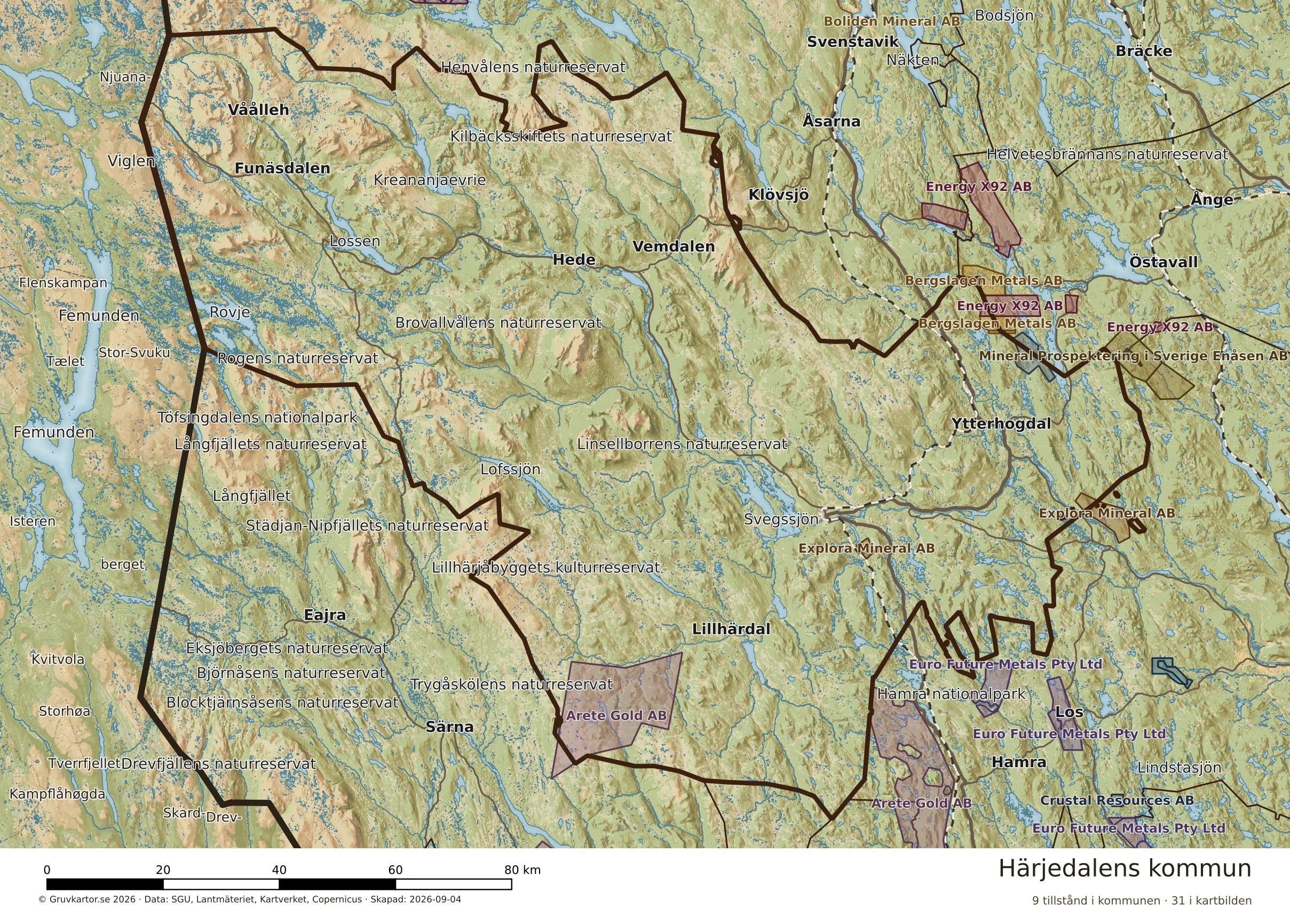 Karta över mineraltillstånd i Härjedalens kommun