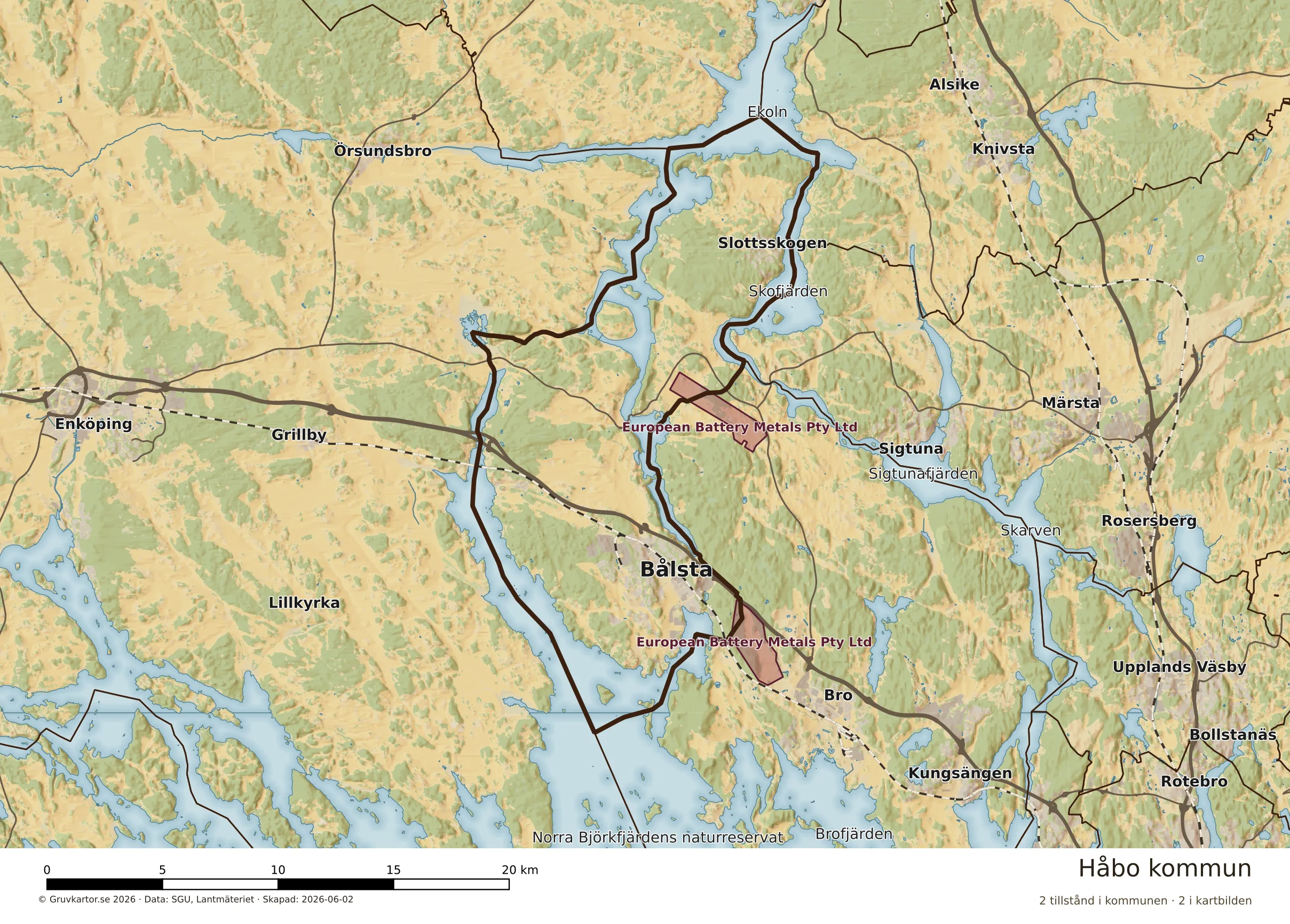 Karta över mineraltillstånd i Håbo kommun