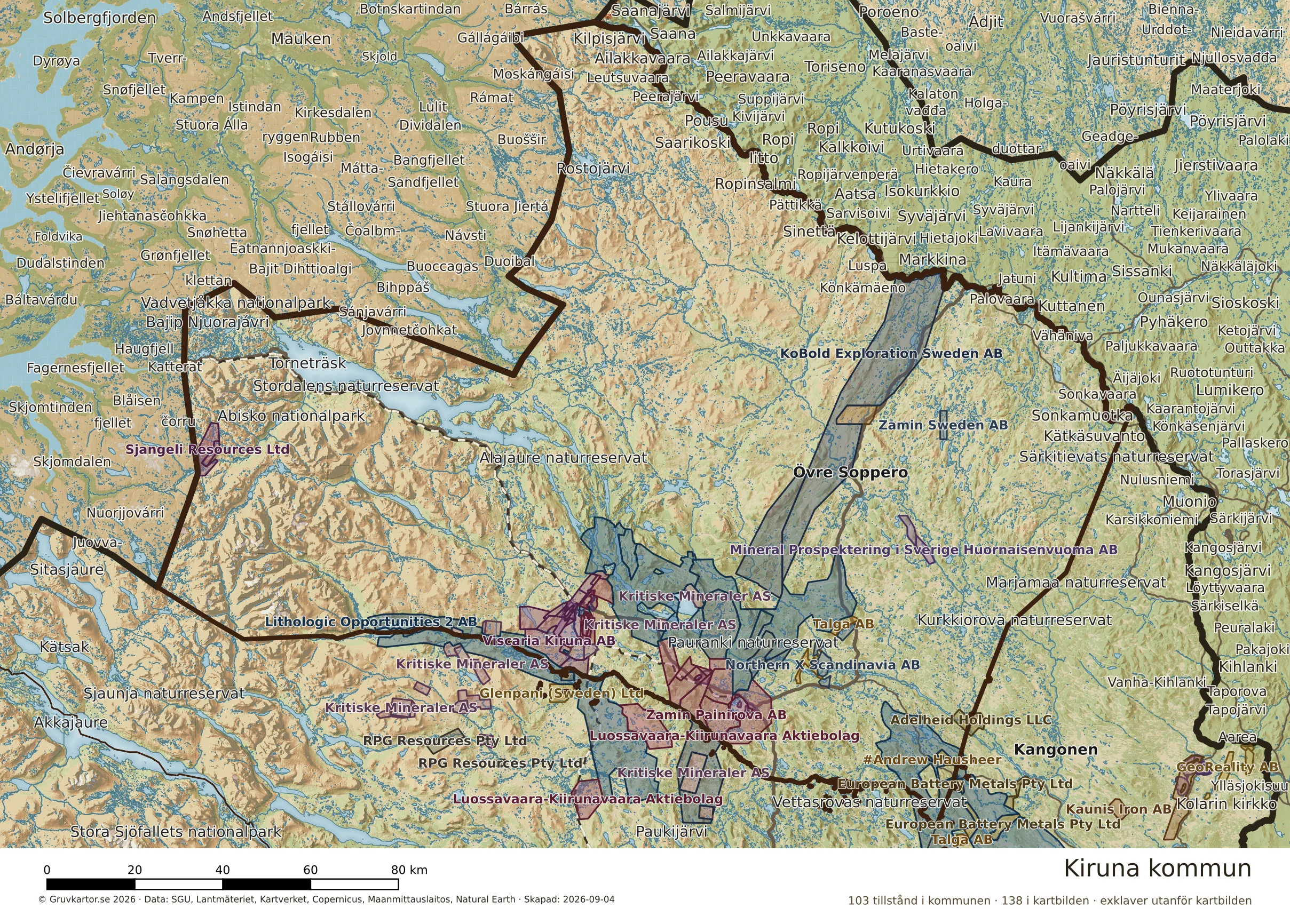 Karta över mineraltillstånd i Kiruna kommun
