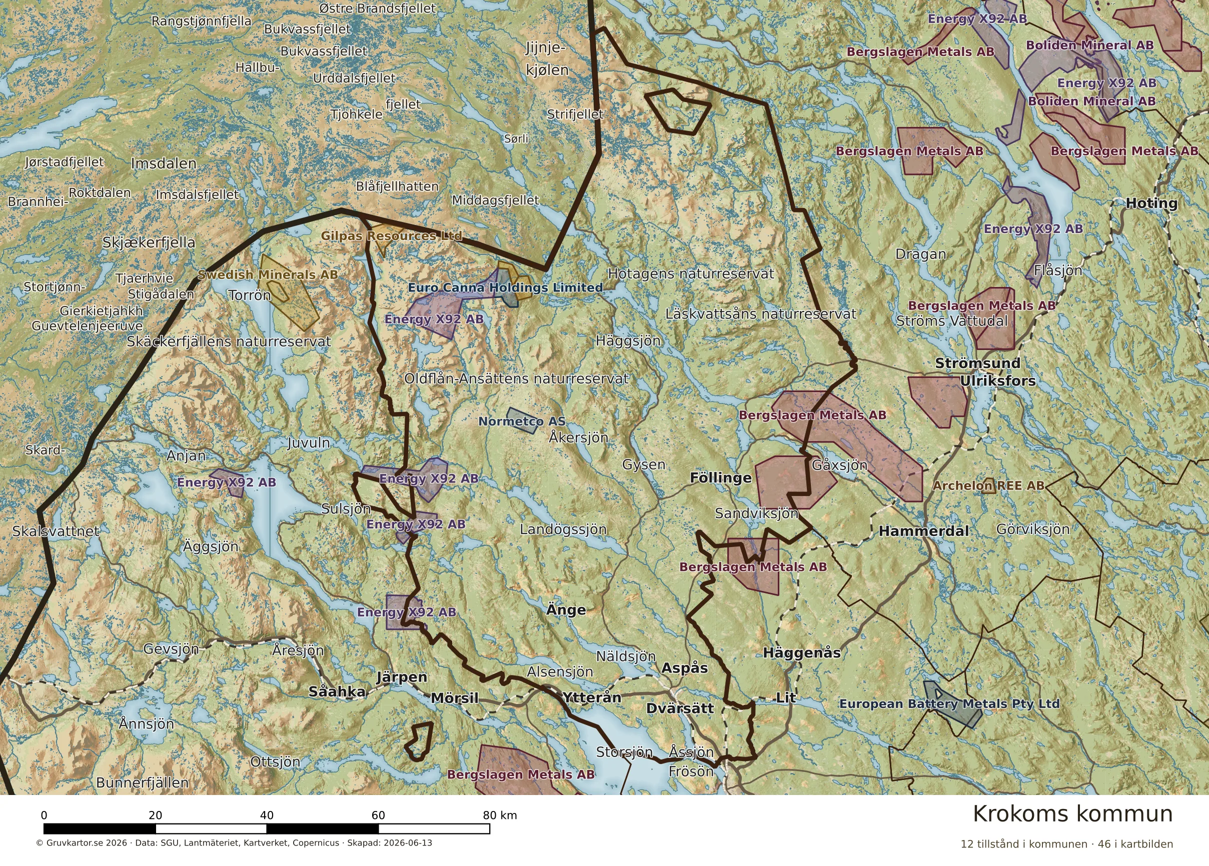 Karta över mineraltillstånd i Krokoms kommun