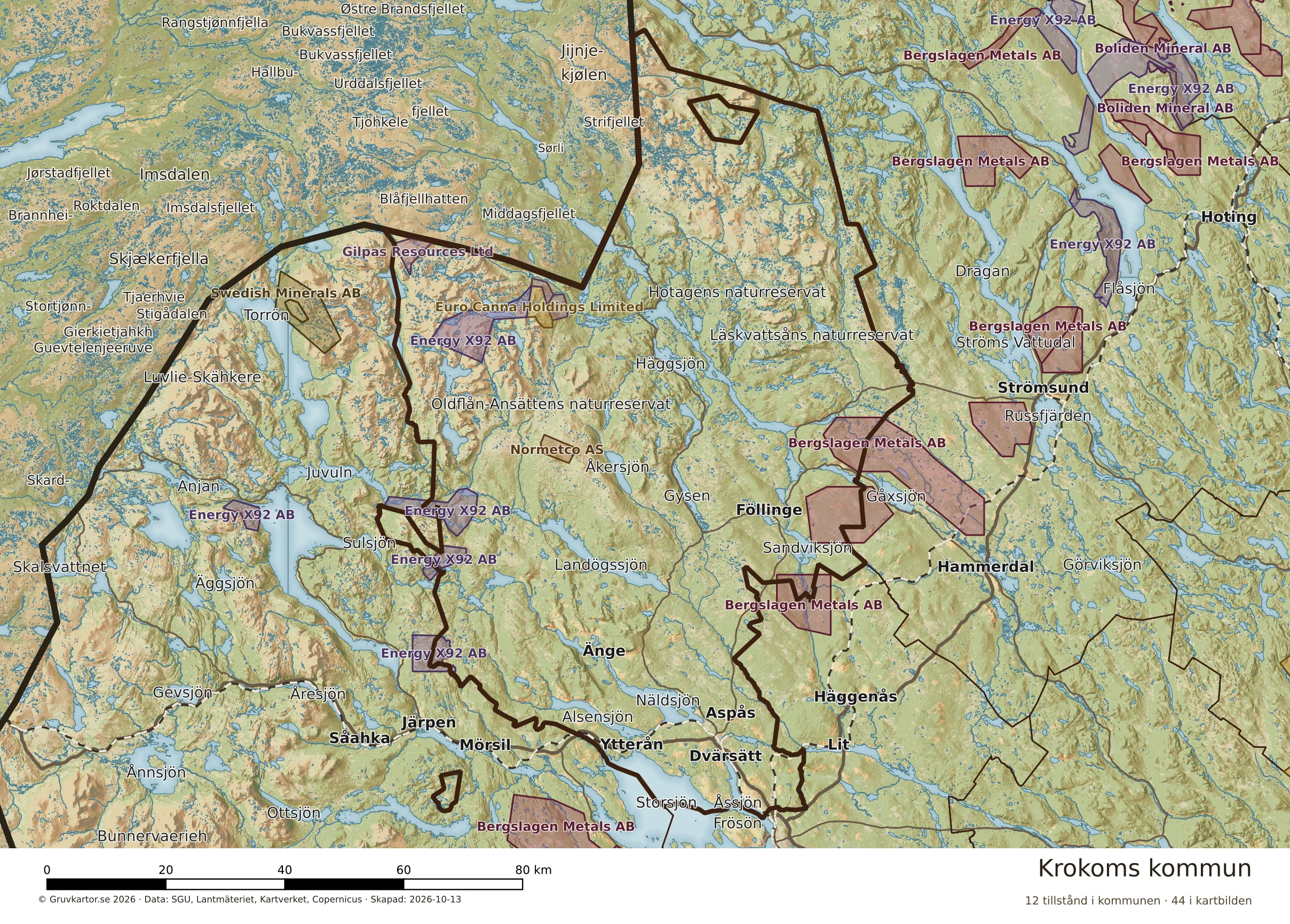 Karta över mineraltillstånd i Krokoms kommun