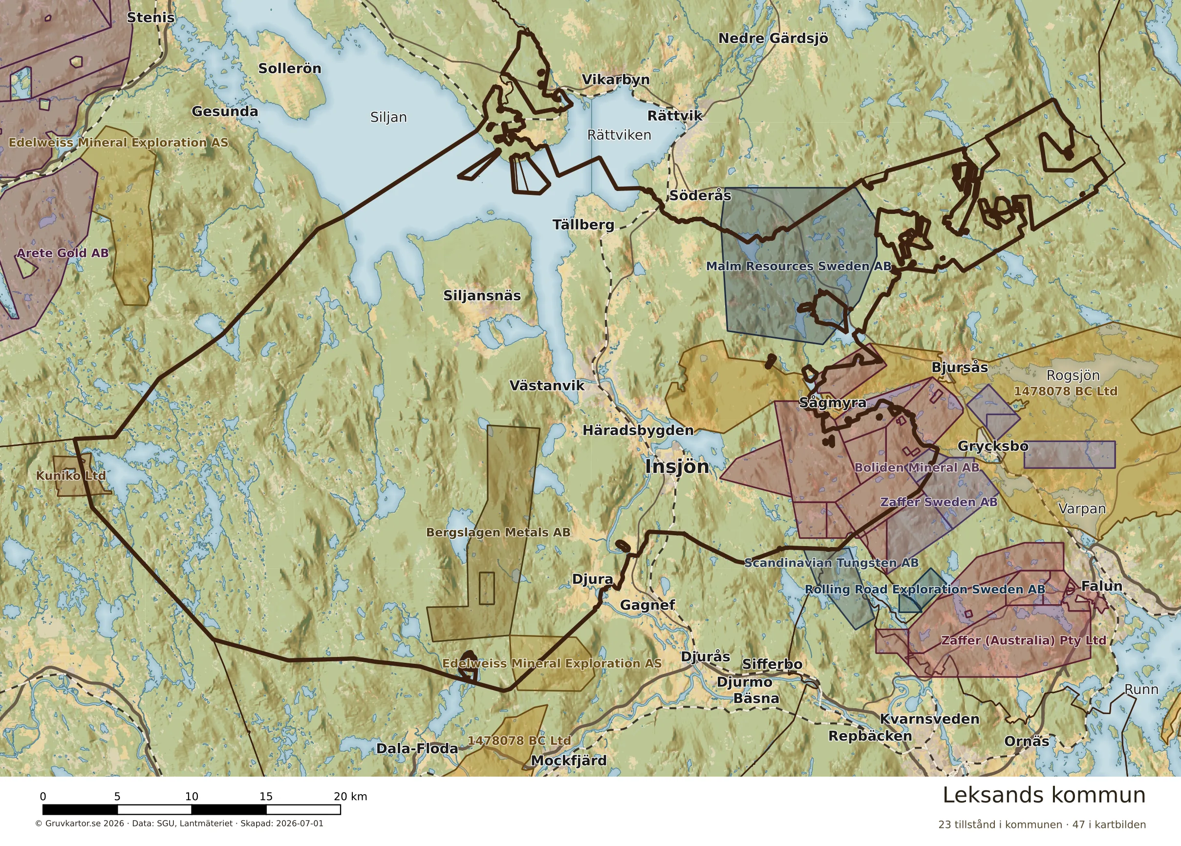 Karta över mineraltillstånd i Leksands kommun
