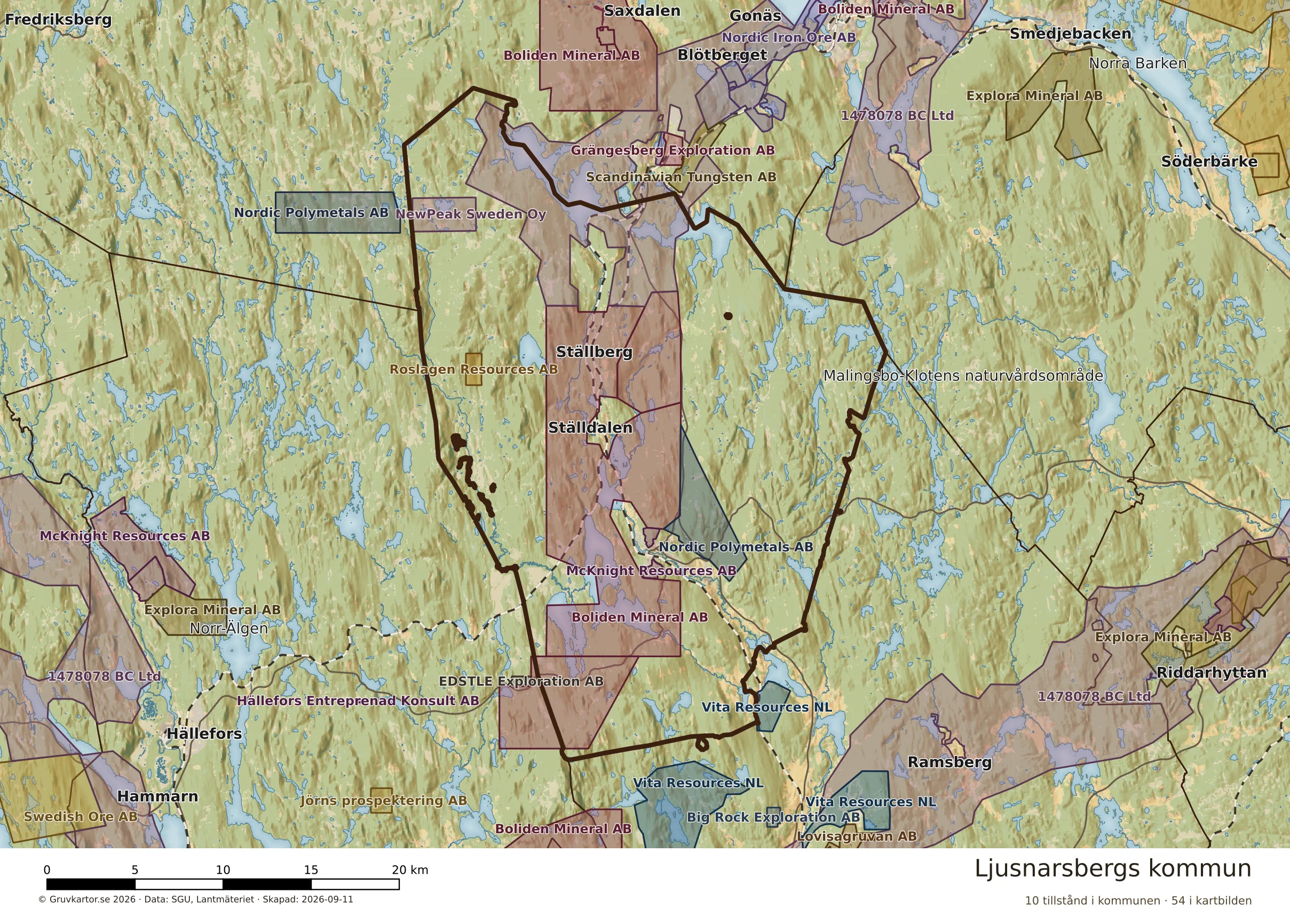 Karta över mineraltillstånd i Ljusnarsbergs kommun