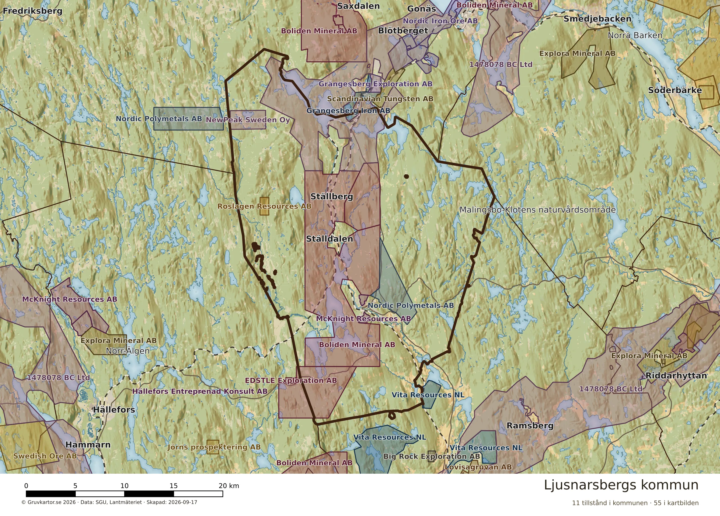 Karta över mineraltillstånd i Ljusnarsbergs kommun