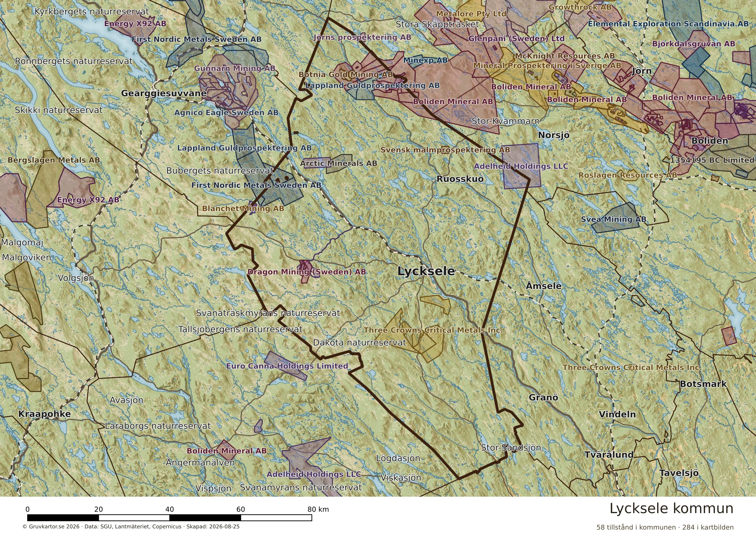 Karta över mineraltillstånd i Lycksele kommun