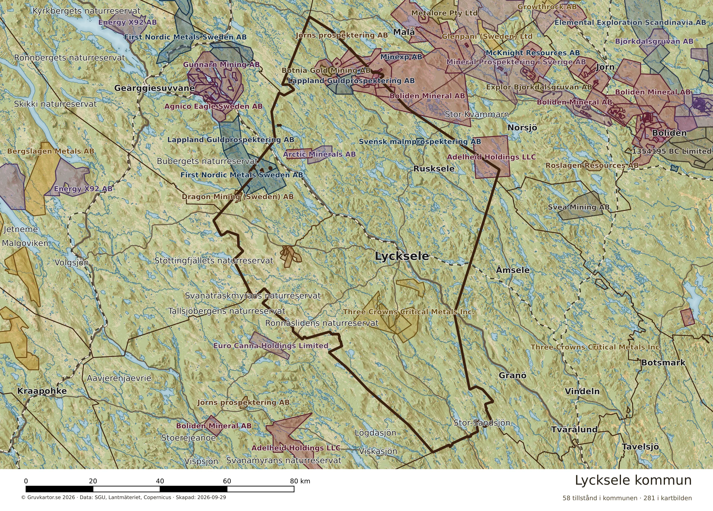 Karta över mineraltillstånd i Lycksele kommun