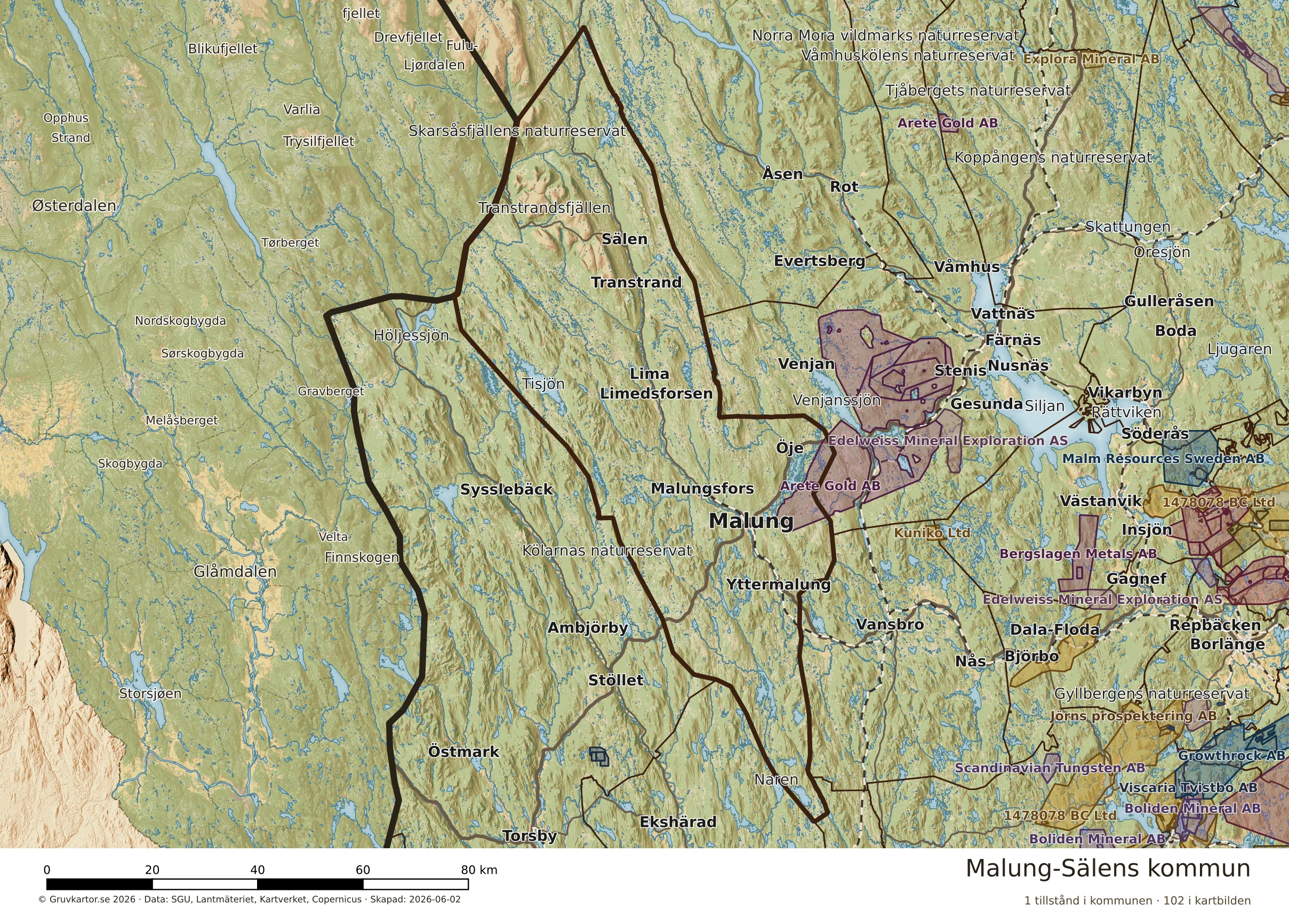 Karta över mineraltillstånd i Malung-Sälens kommun