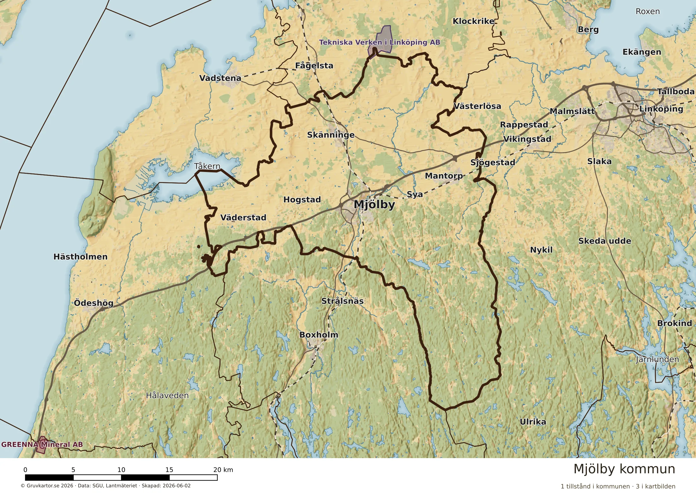 Karta över mineraltillstånd i Mjölby kommun