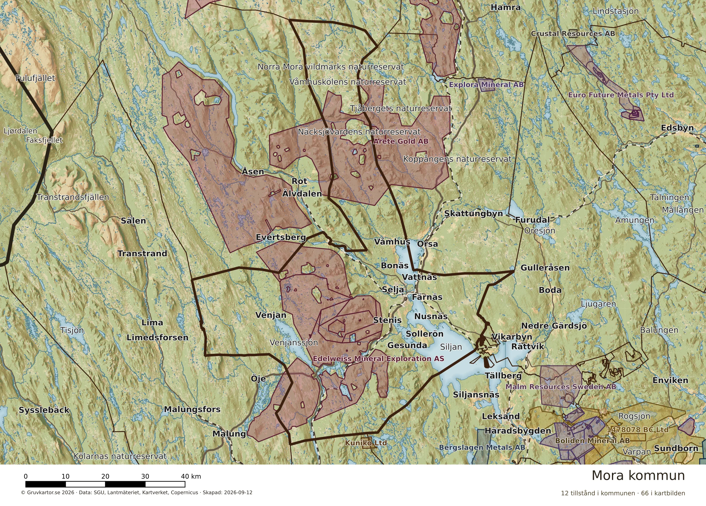 Karta över mineraltillstånd i Mora kommun