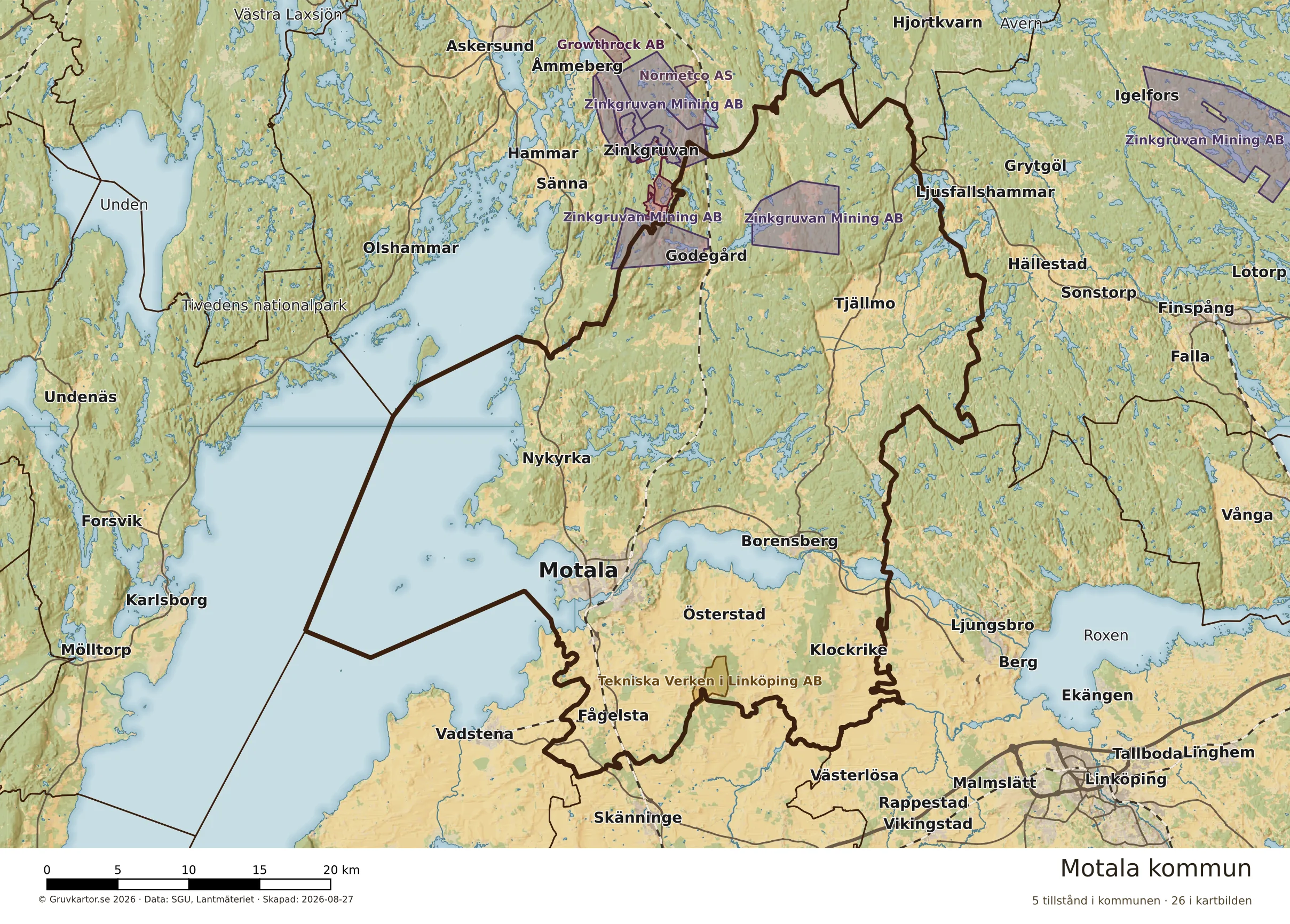 Karta över mineraltillstånd i Motala kommun