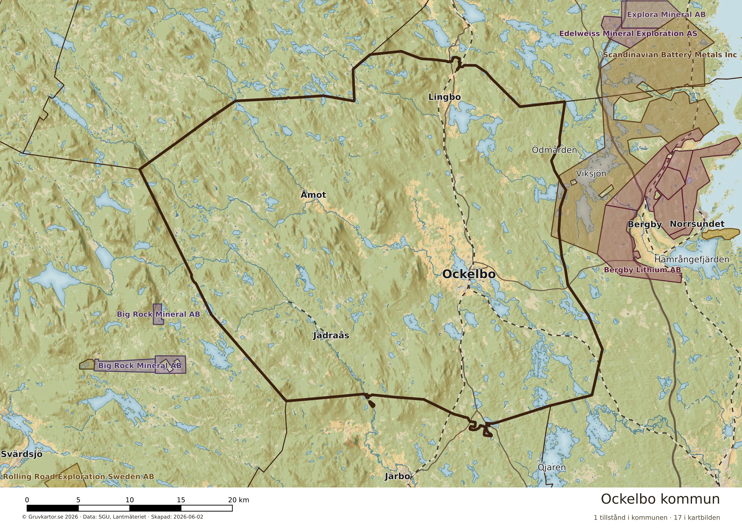Karta över mineraltillstånd i Ockelbo kommun
