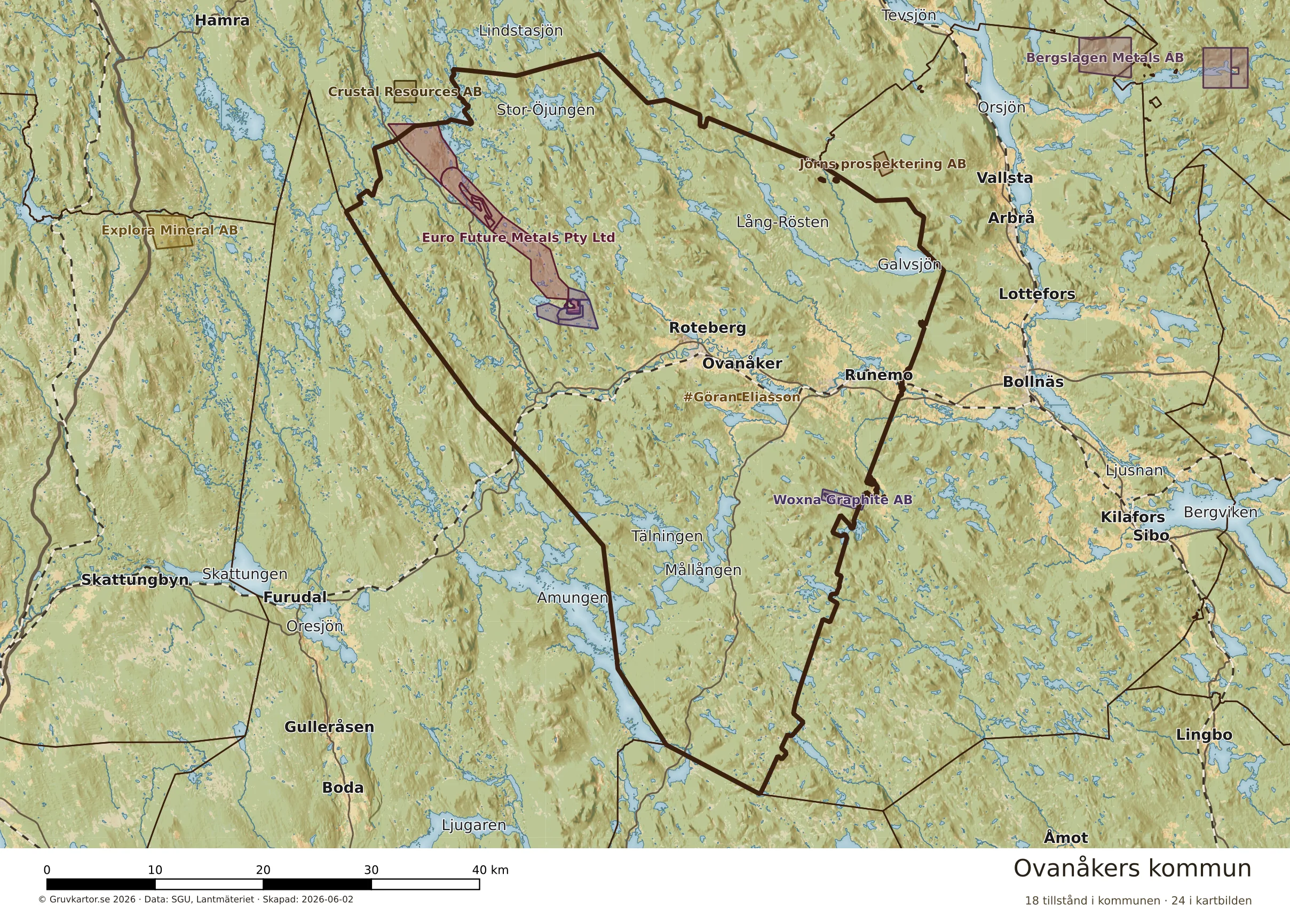 Karta över mineraltillstånd i Ovanåkers kommun