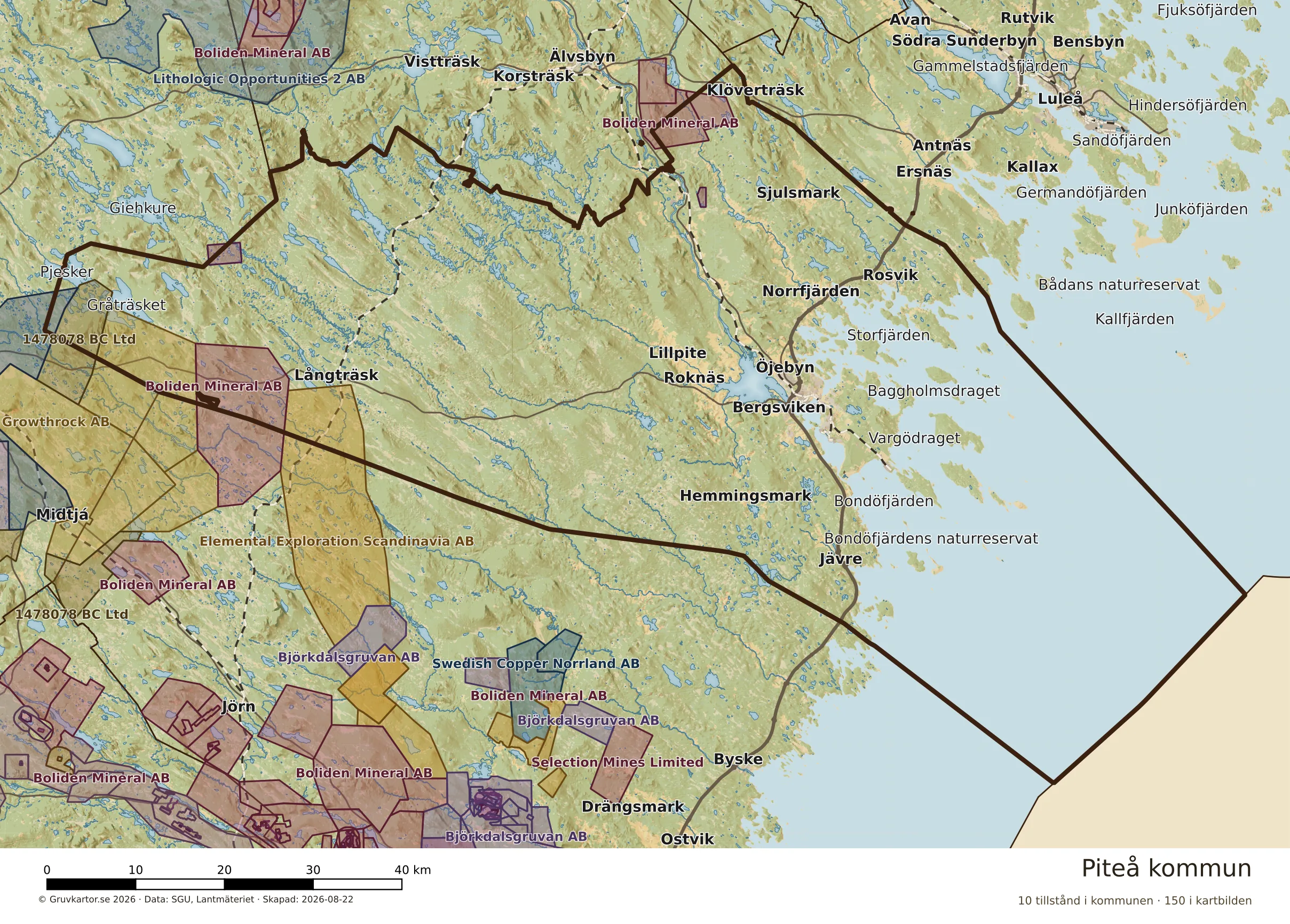 Karta över mineraltillstånd i Piteå kommun