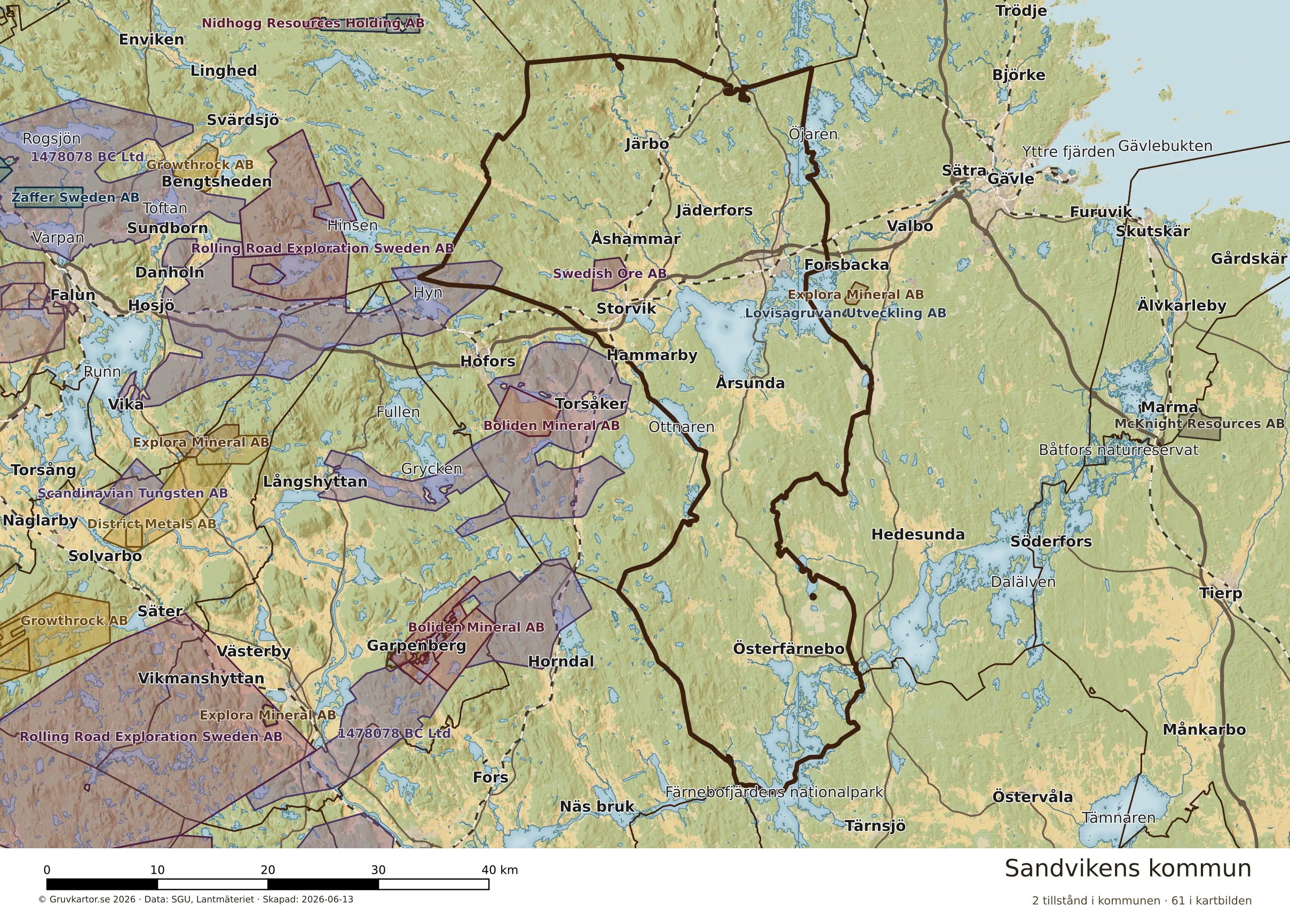 Karta över mineraltillstånd i Sandvikens kommun