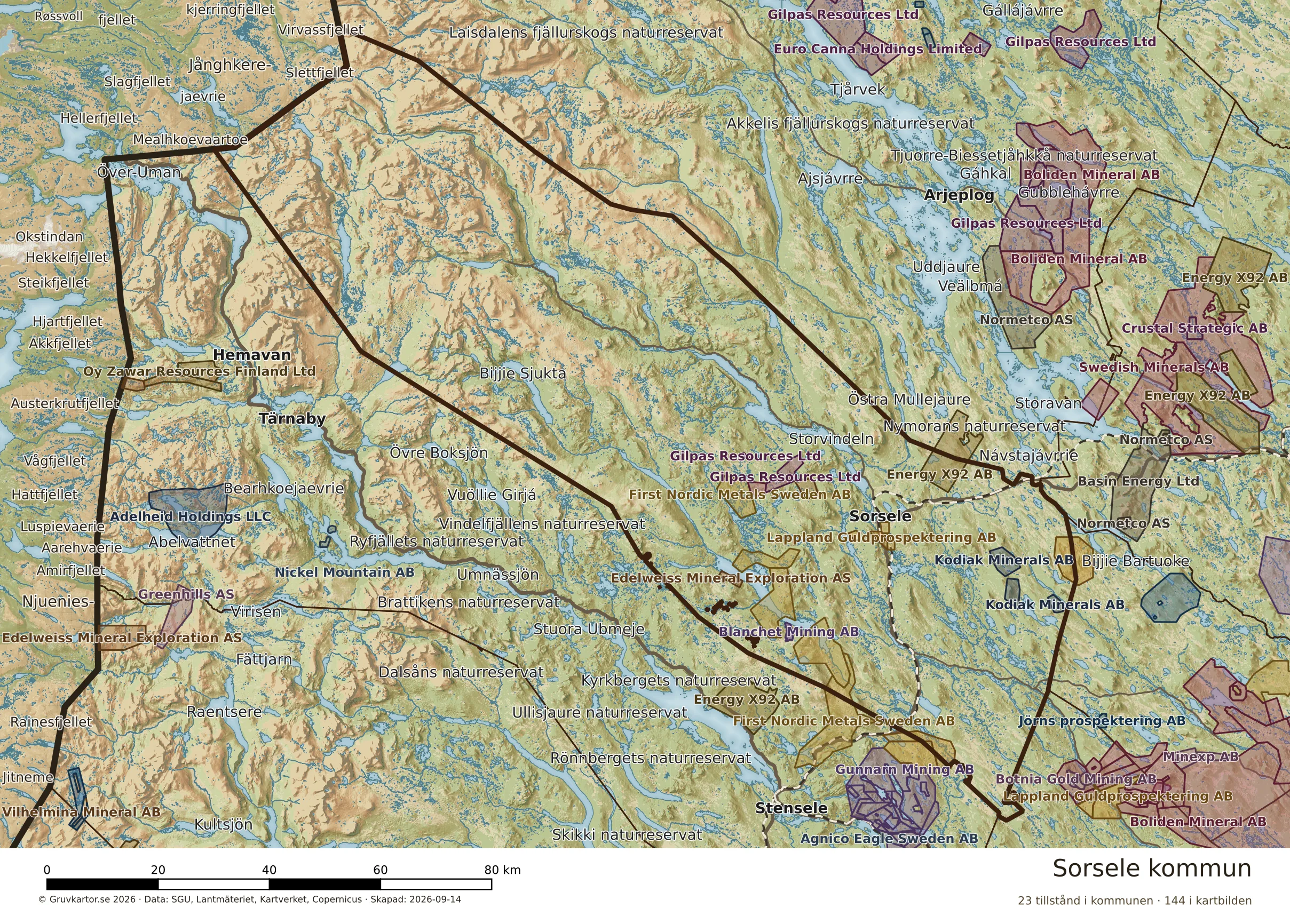 Karta över mineraltillstånd i Sorsele kommun